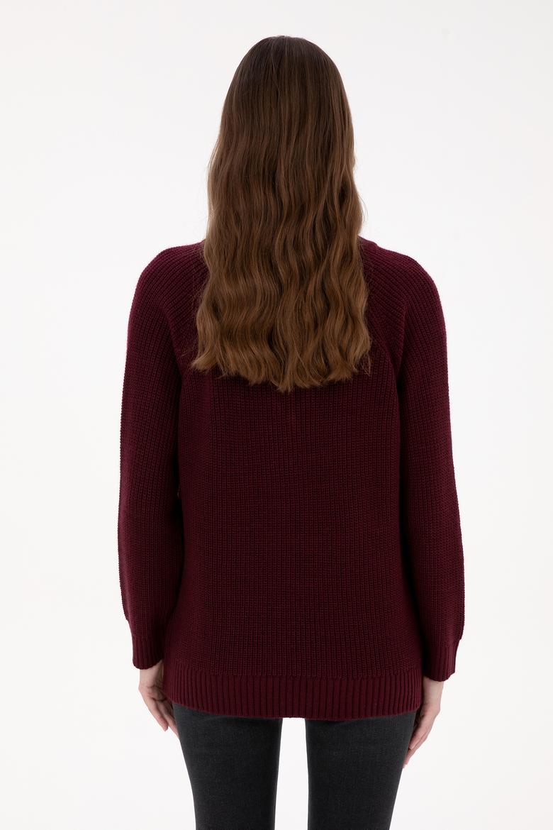 Kadın Bordo V Yaka Kazak - 50314934017