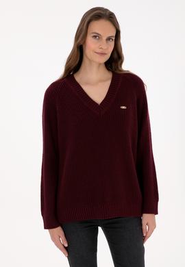 Kadın Bordo V Yaka Kazak - 50314934017