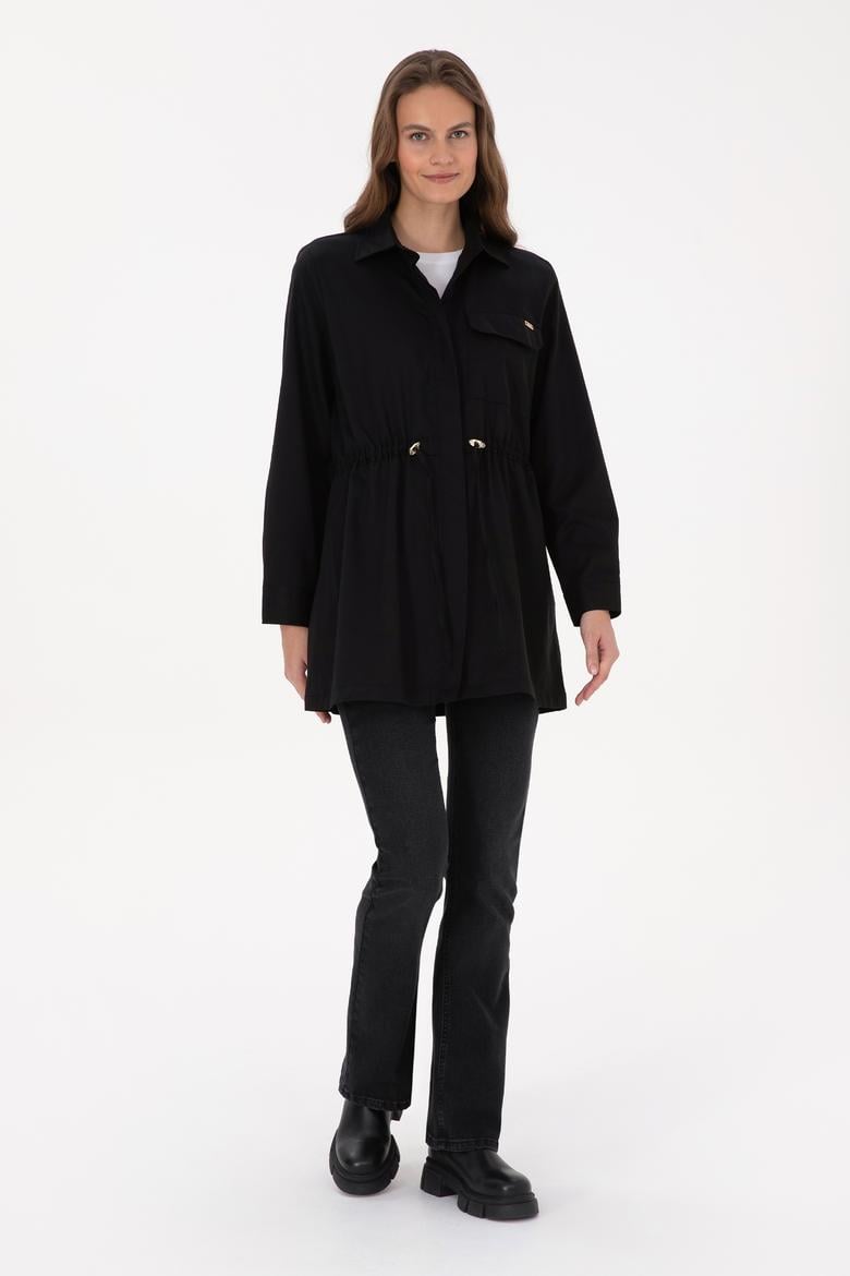 Kadın Siyah Uzun Kollu Belden Büzgülü Gömlek - 50316423003