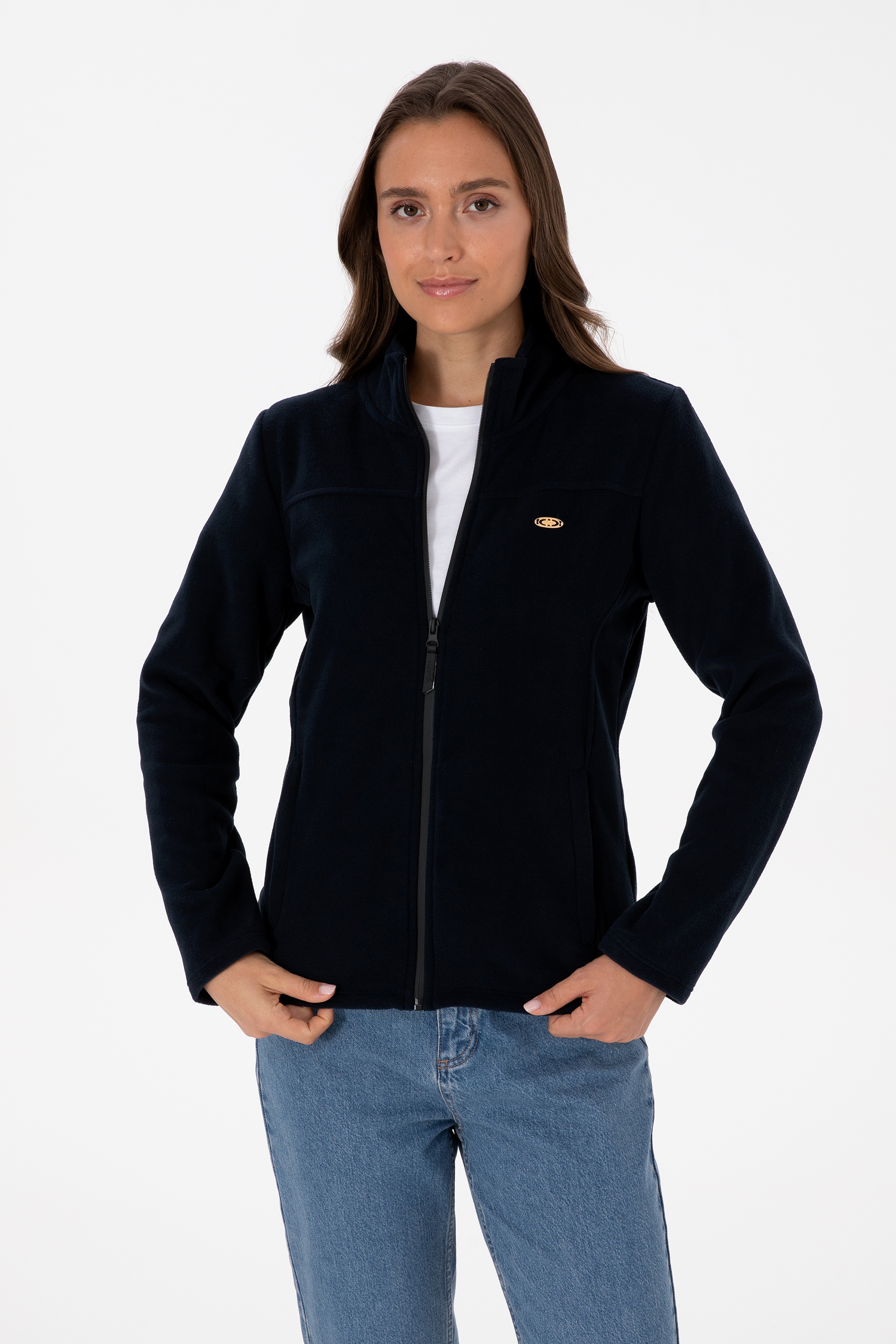 Kadın Lacivert Fermuarlı Dik Yaka Polar Sweatshirt