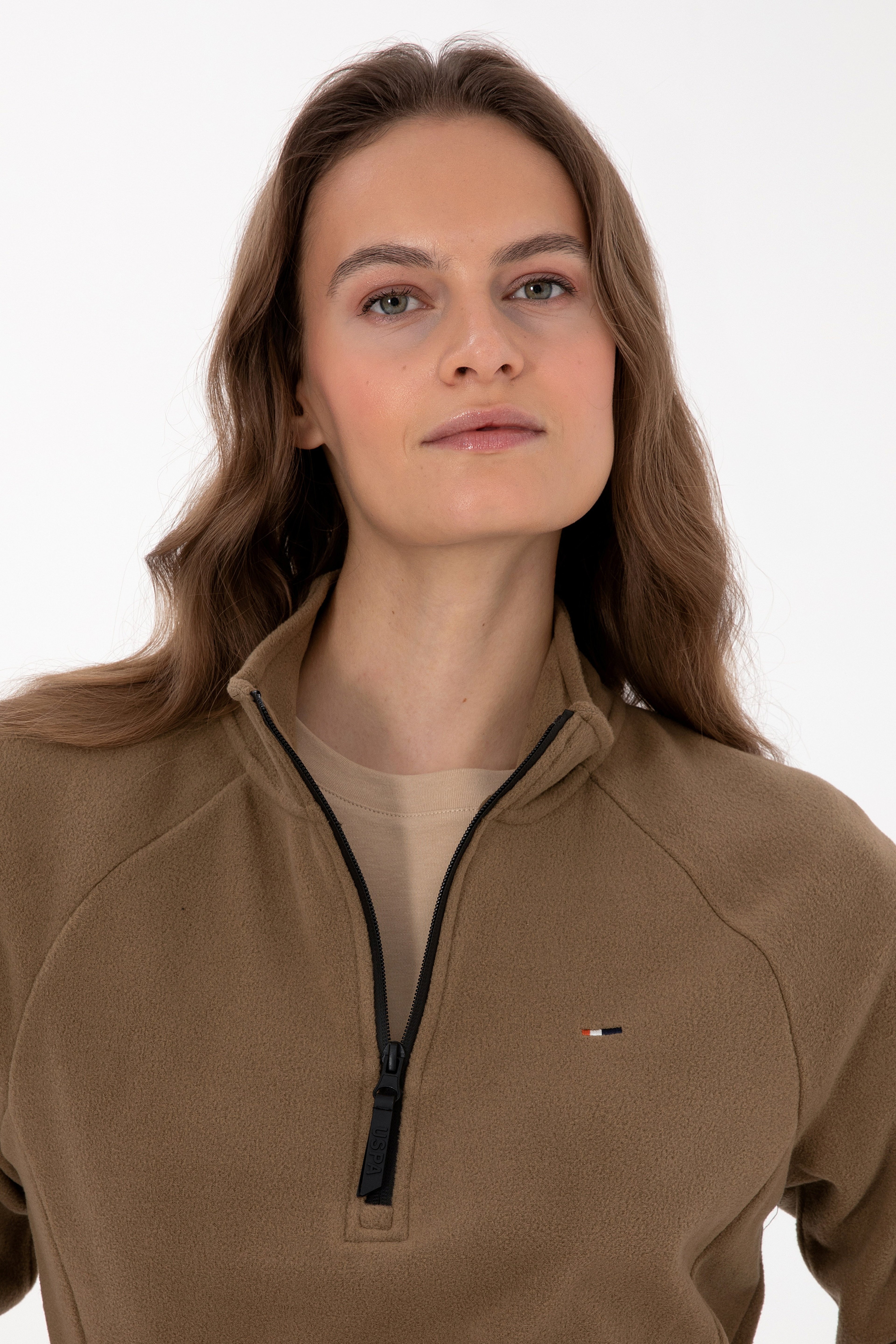Kadın Haki Fermuarlı Dik Yaka Polar Sweatshirt - Image 2
