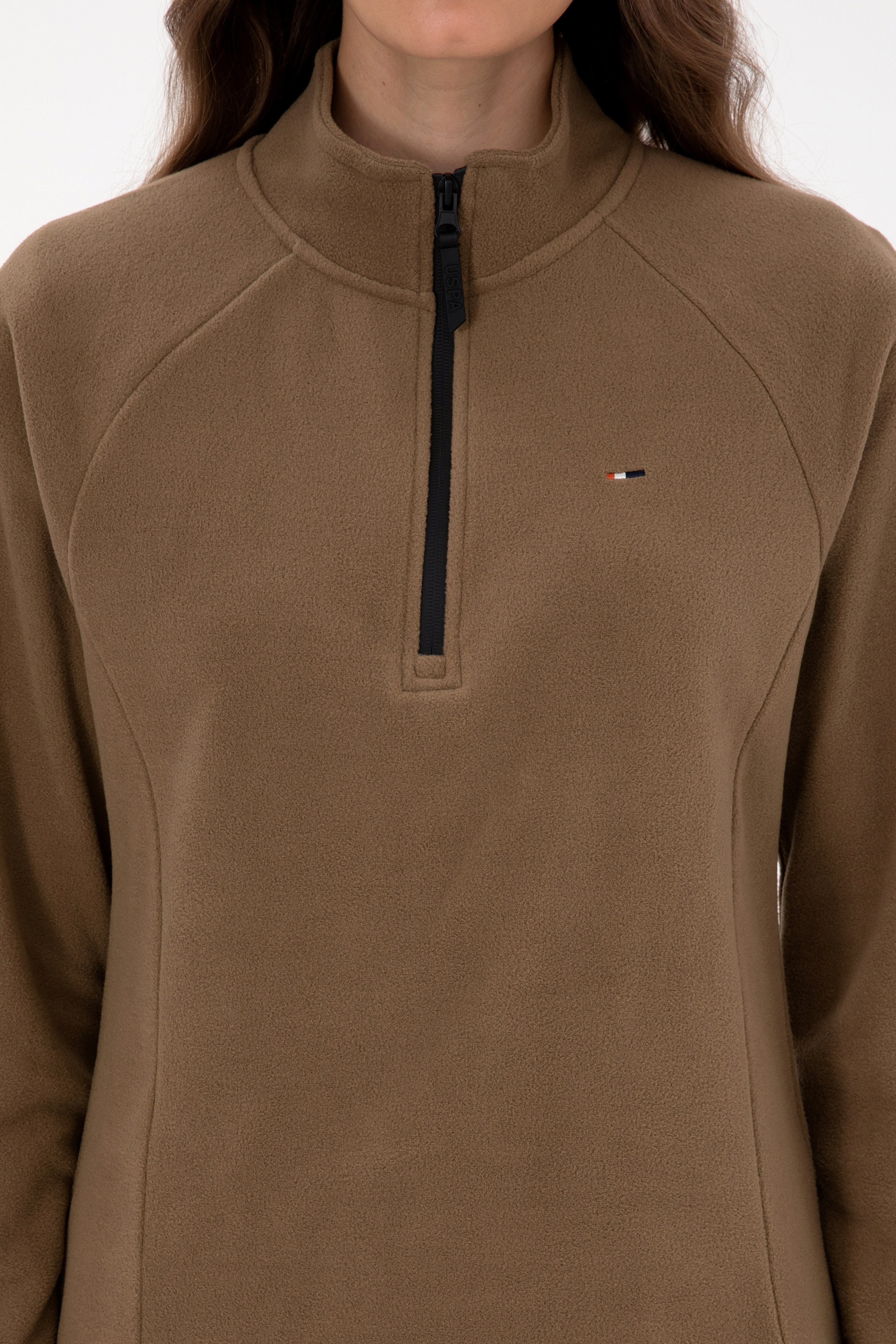 Kadın Haki Fermuarlı Dik Yaka Polar Sweatshirt