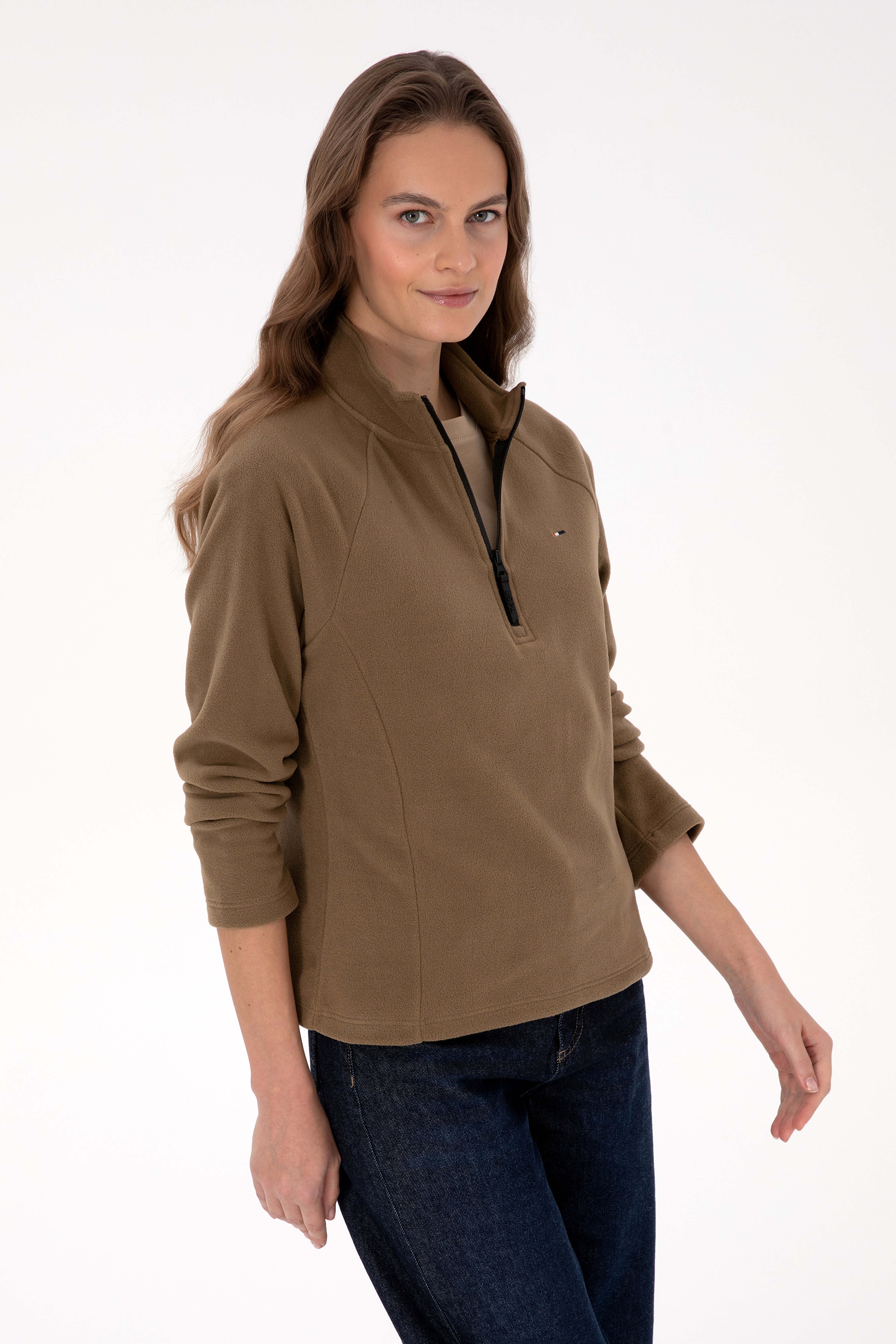 Kadın Haki Fermuarlı Dik Yaka Polar Sweatshirt