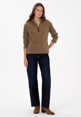 Kadın Haki Fermuarlı Dik Yaka Polar Sweatshirt - 50316714053