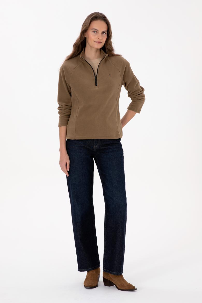 Kadın Haki Fermuarlı Dik Yaka Polar Sweatshirt - 50316714053