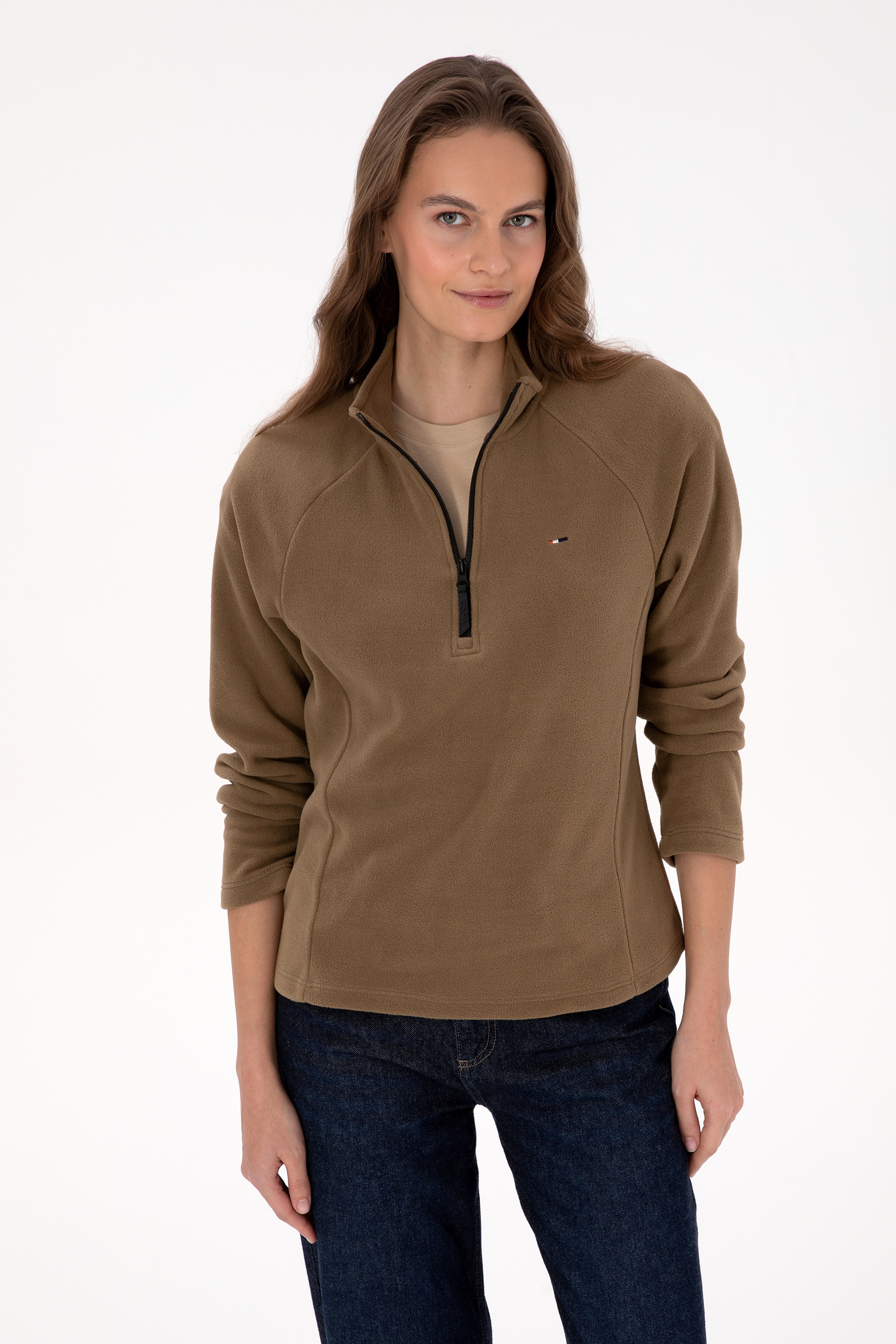 Kadın Haki Fermuarlı Dik Yaka Polar Sweatshirt - Image 1