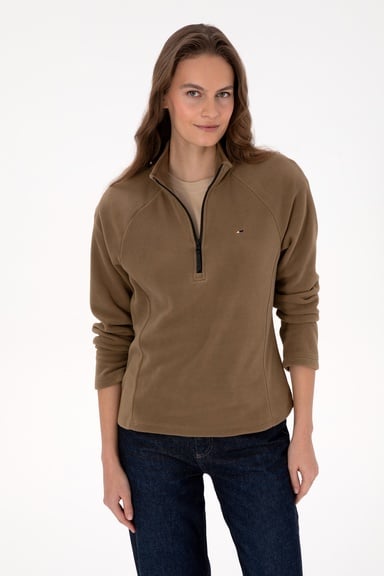 Kadın Haki Fermuarlı Dik Yaka Polar Sweatshirt