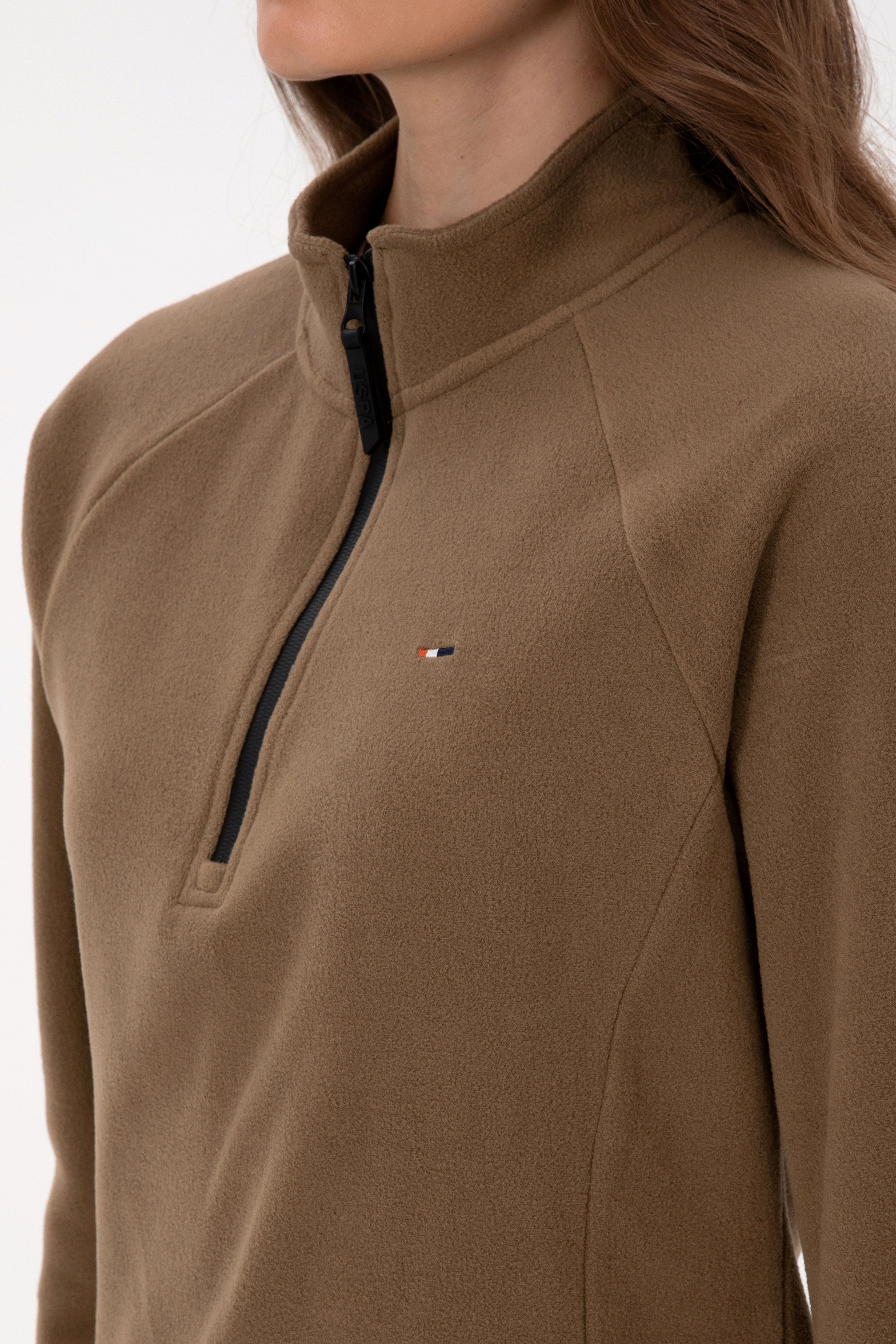 Kadın Haki Fermuarlı Dik Yaka Polar Sweatshirt