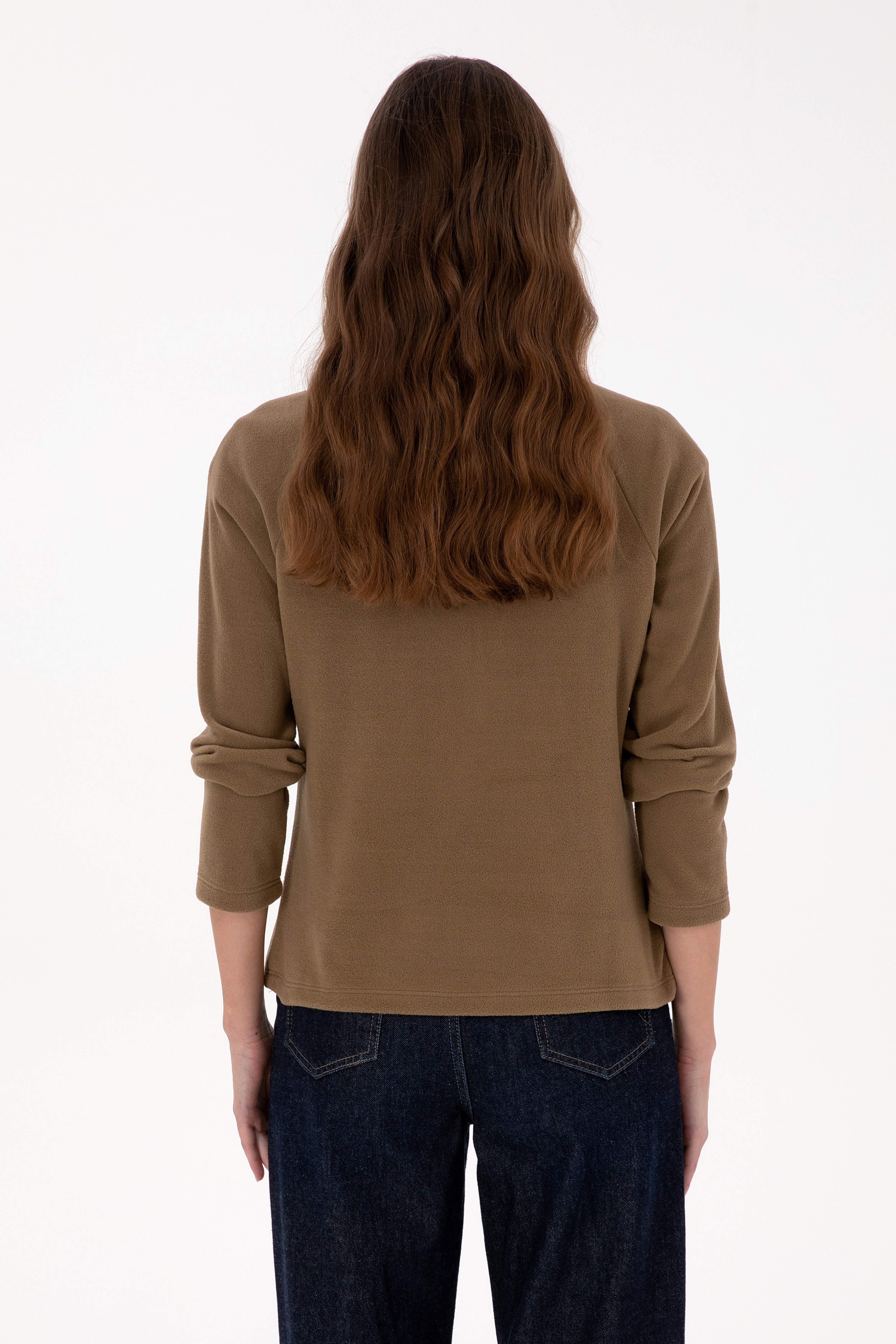 Kadın Haki Fermuarlı Dik Yaka Polar Sweatshirt - Image 5