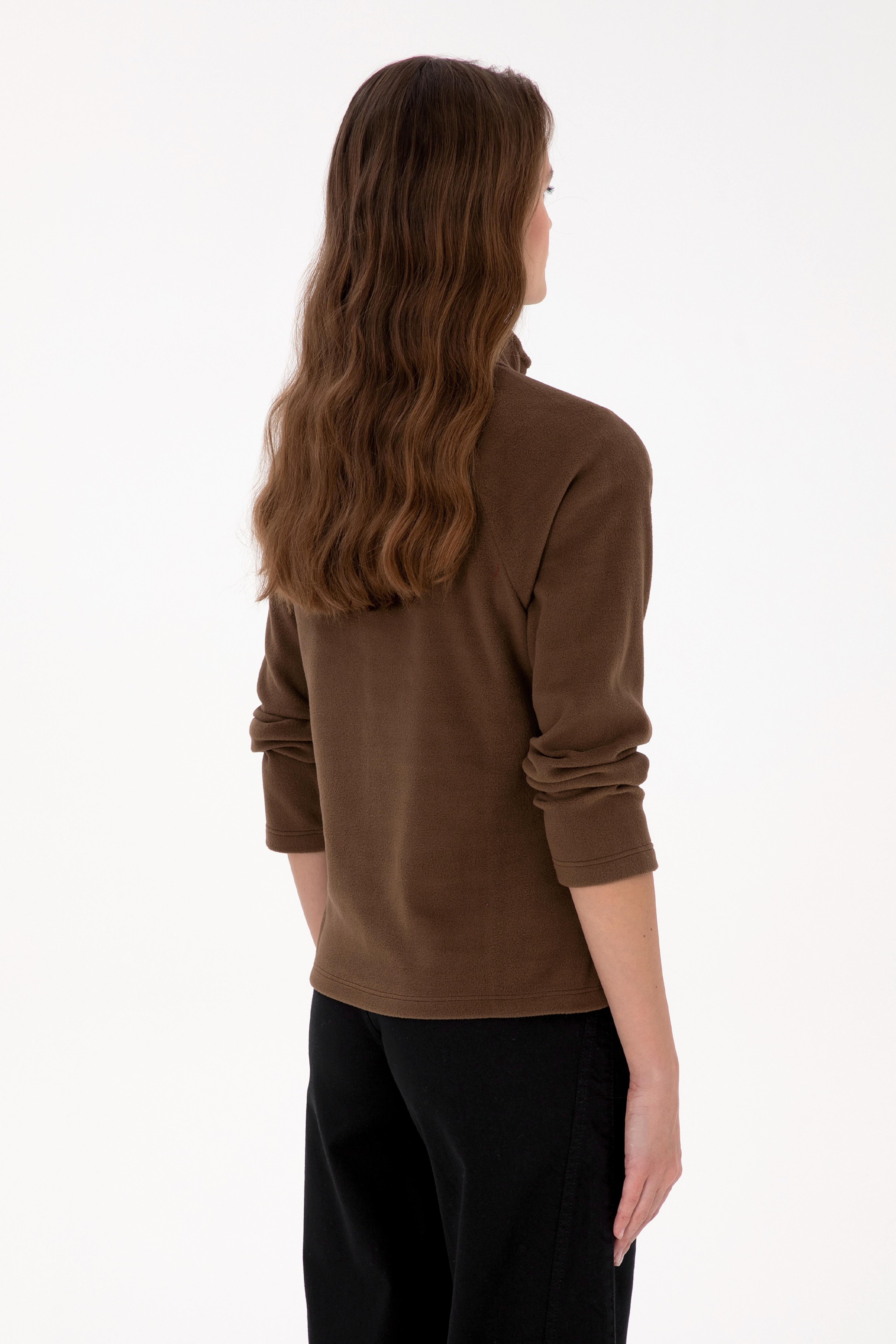 Kadın Kahverengi Fermuarlı Dik Yaka Polar Sweatshirt