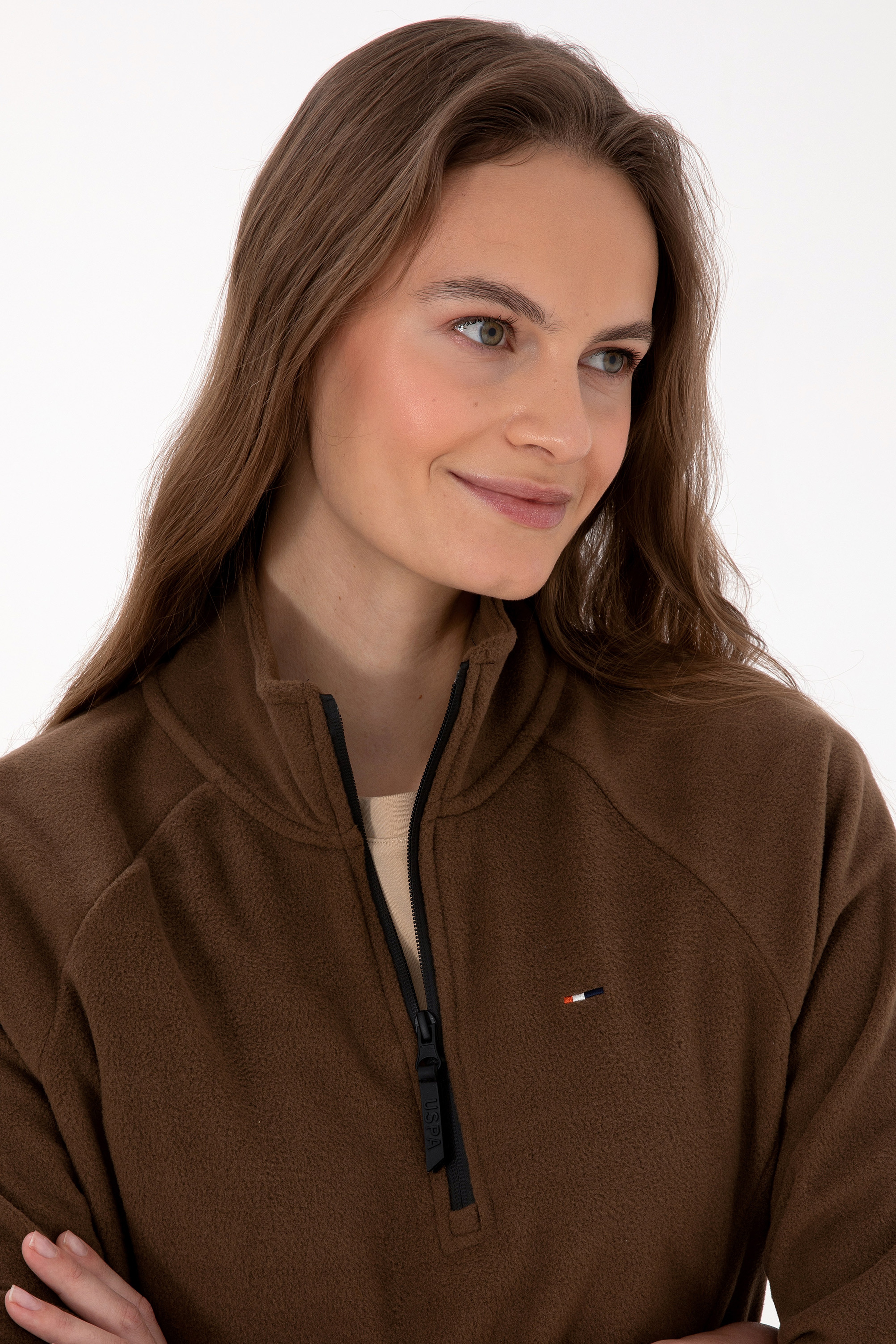 Kadın Kahverengi Fermuarlı Dik Yaka Polar Sweatshirt - Image 2