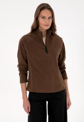 Kadın Kahverengi Fermuarlı Dik Yaka Polar Sweatshirt - 50316714044