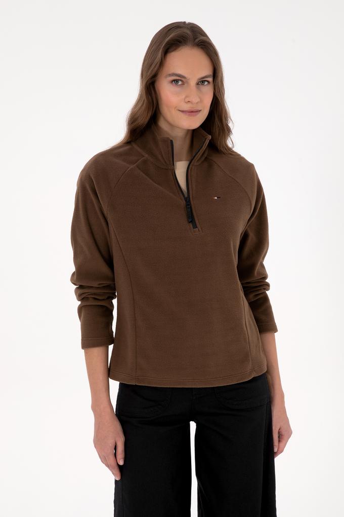 Kadın Kahverengi Fermuarlı Dik Yaka Polar Sweatshirt