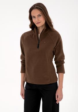 Kadın Kahverengi Fermuarlı Dik Yaka Polar Sweatshirt - 50316714044