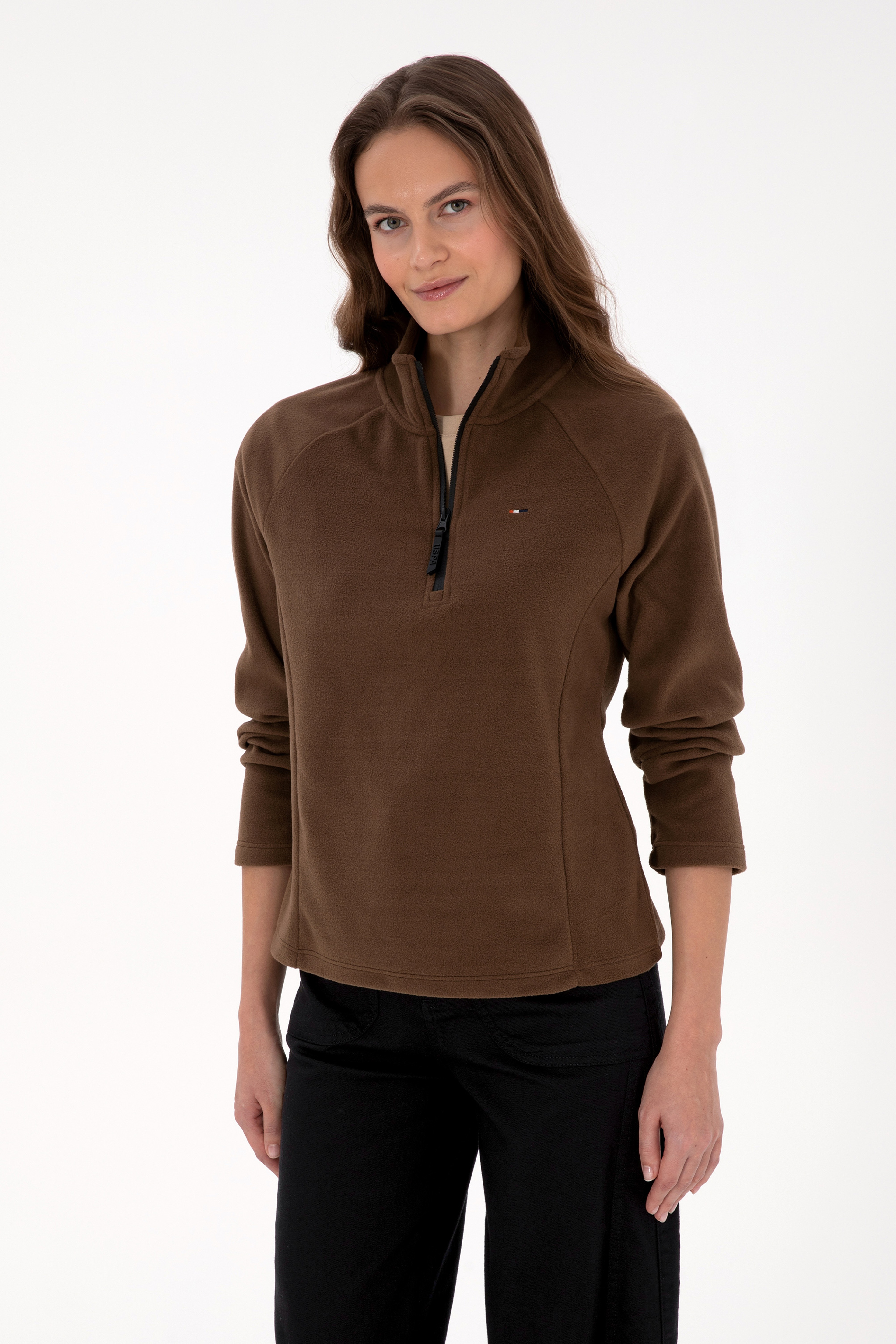 Kadın Kahverengi Fermuarlı Dik Yaka Polar Sweatshirt