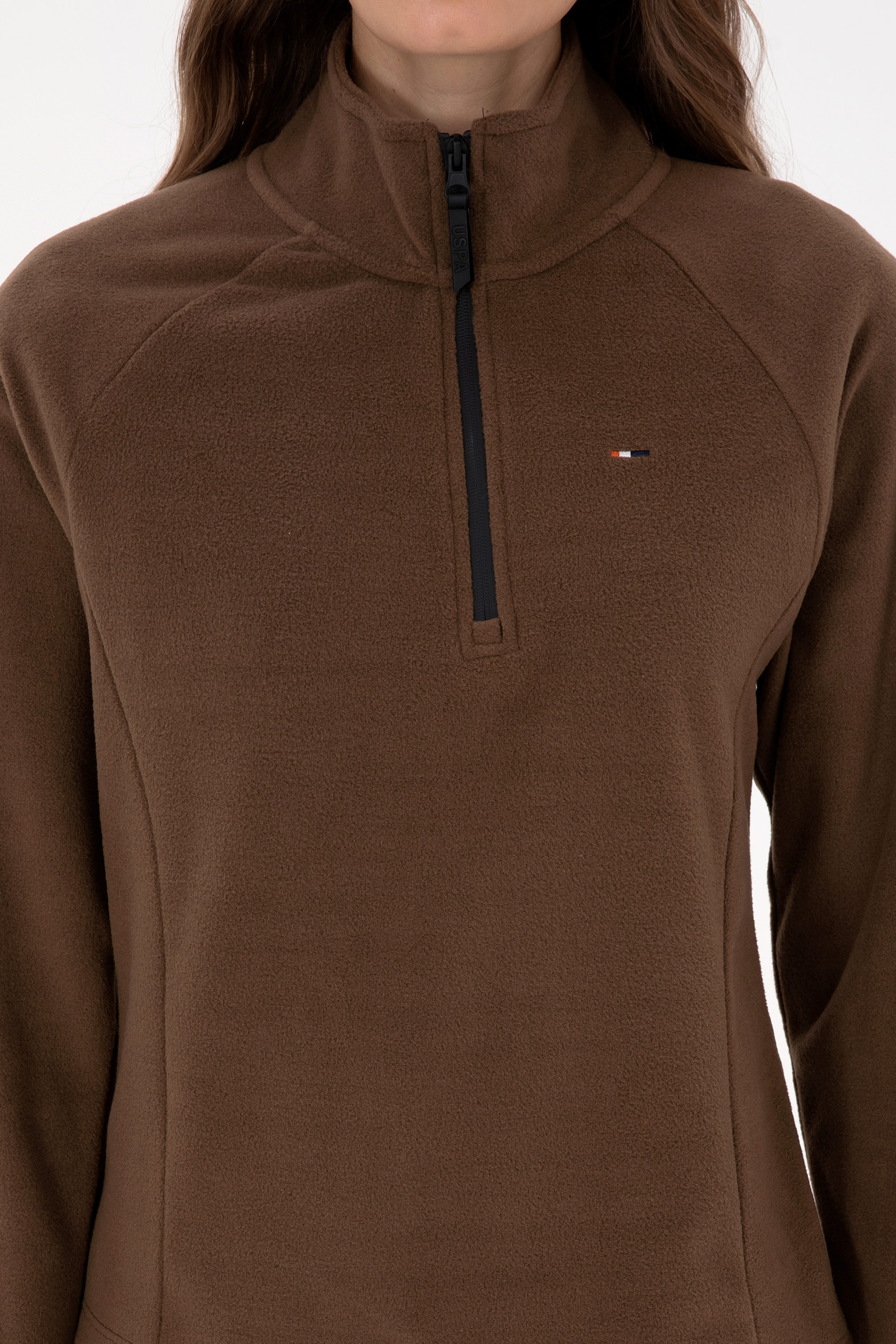 Kadın Kahverengi Fermuarlı Dik Yaka Polar Sweatshirt