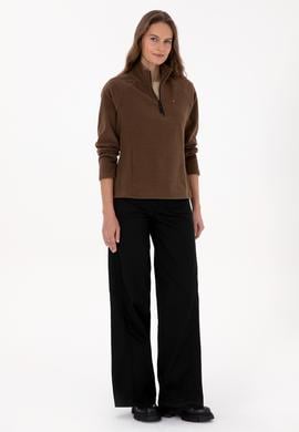 Kadın Kahverengi Fermuarlı Dik Yaka Polar Sweatshirt - 50316714044