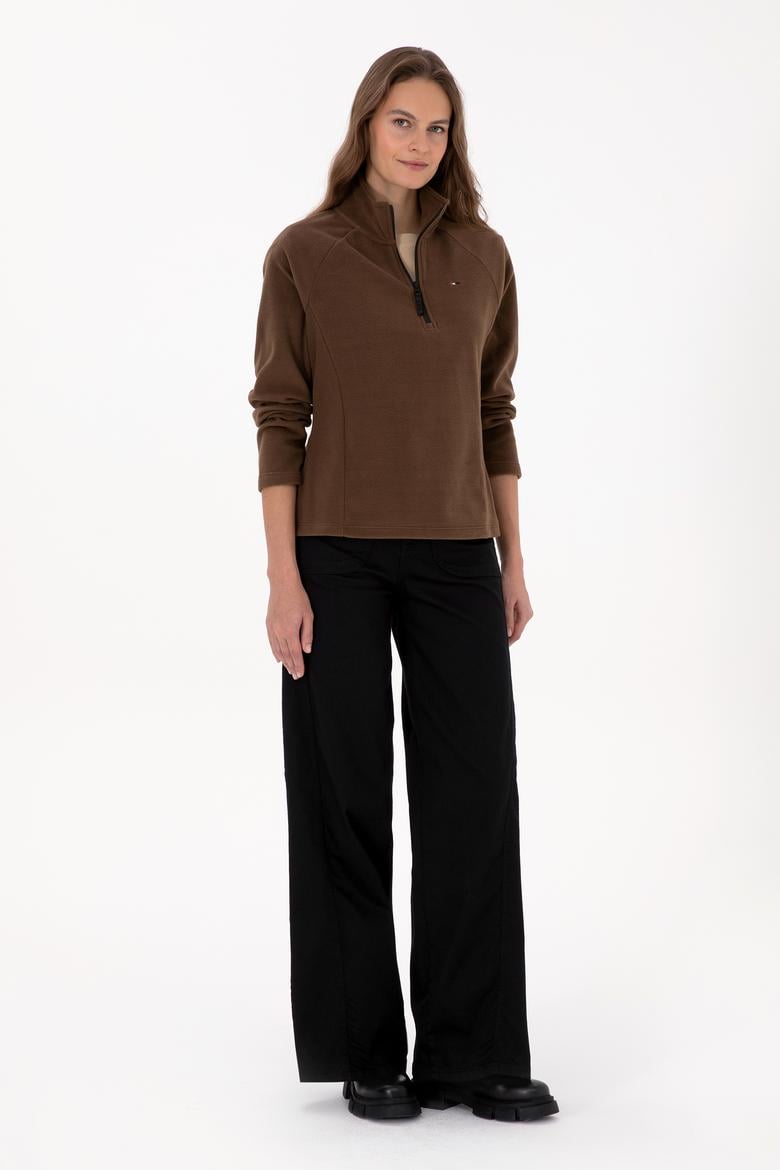 Kadın Kahverengi Fermuarlı Dik Yaka Polar Sweatshirt - 50316714044