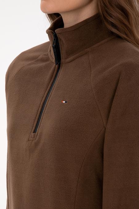 Kadın Kahverengi Fermuarlı Dik Yaka Polar Sweatshirt