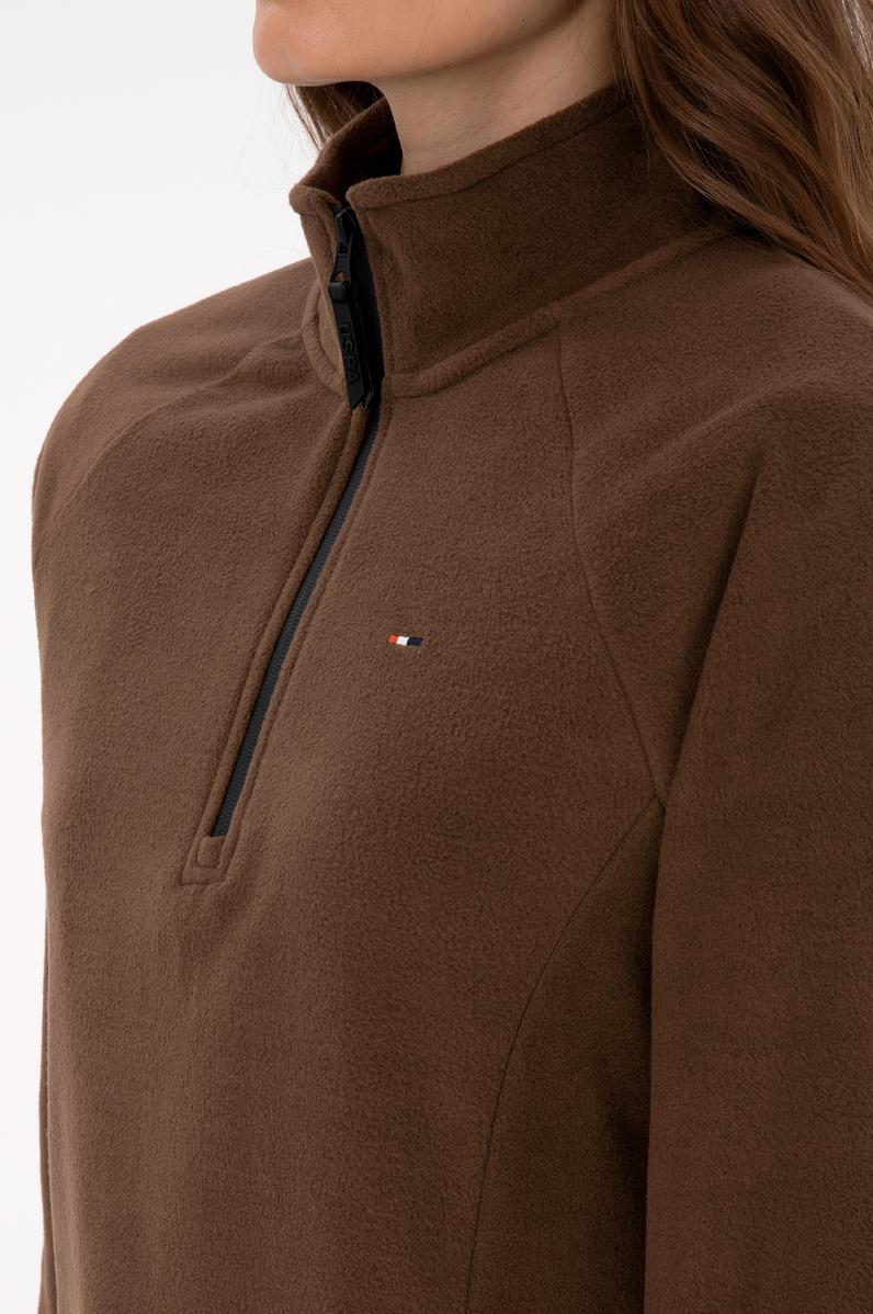 Kadın Kahverengi Fermuarlı Dik Yaka Polar Sweatshirt
