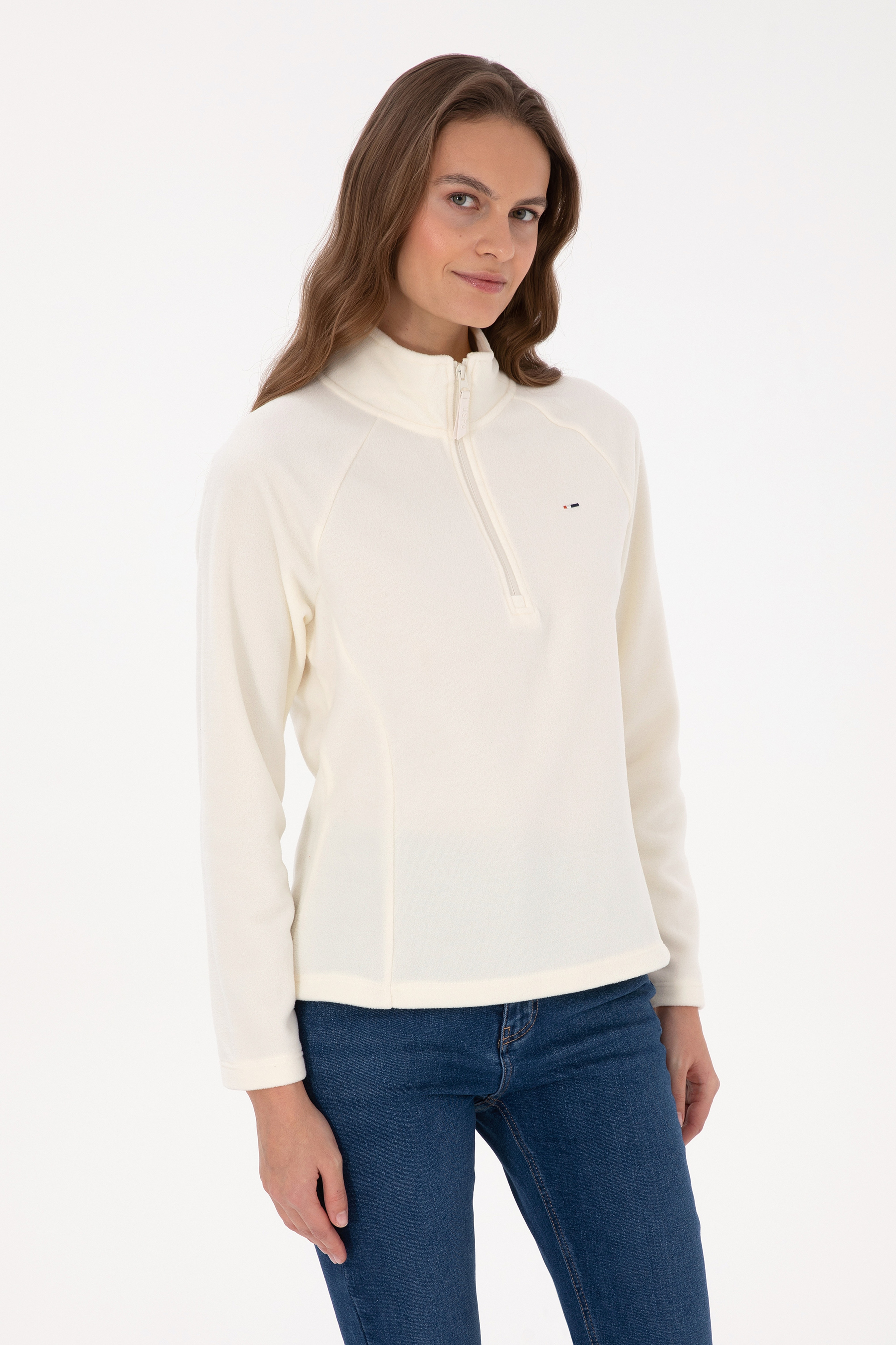 Kadın Krem Fermuarlı Dik Yaka Polar Sweatshirt - Image 1