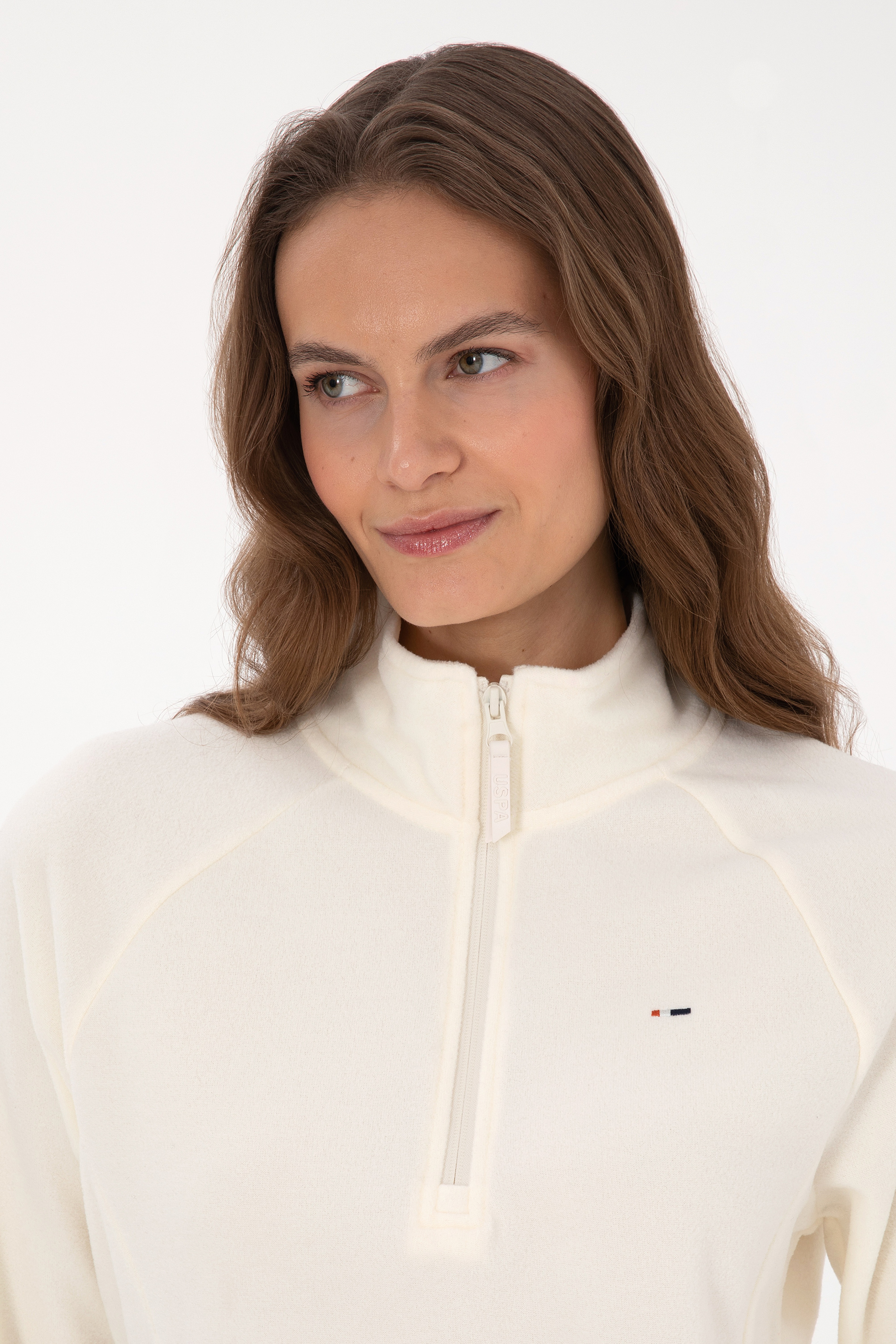 Kadın Krem Fermuarlı Dik Yaka Polar Sweatshirt - Image 2