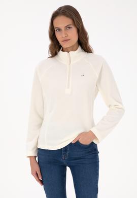 Kadın Krem Fermuarlı Dik Yaka Polar Sweatshirt - 50316714078