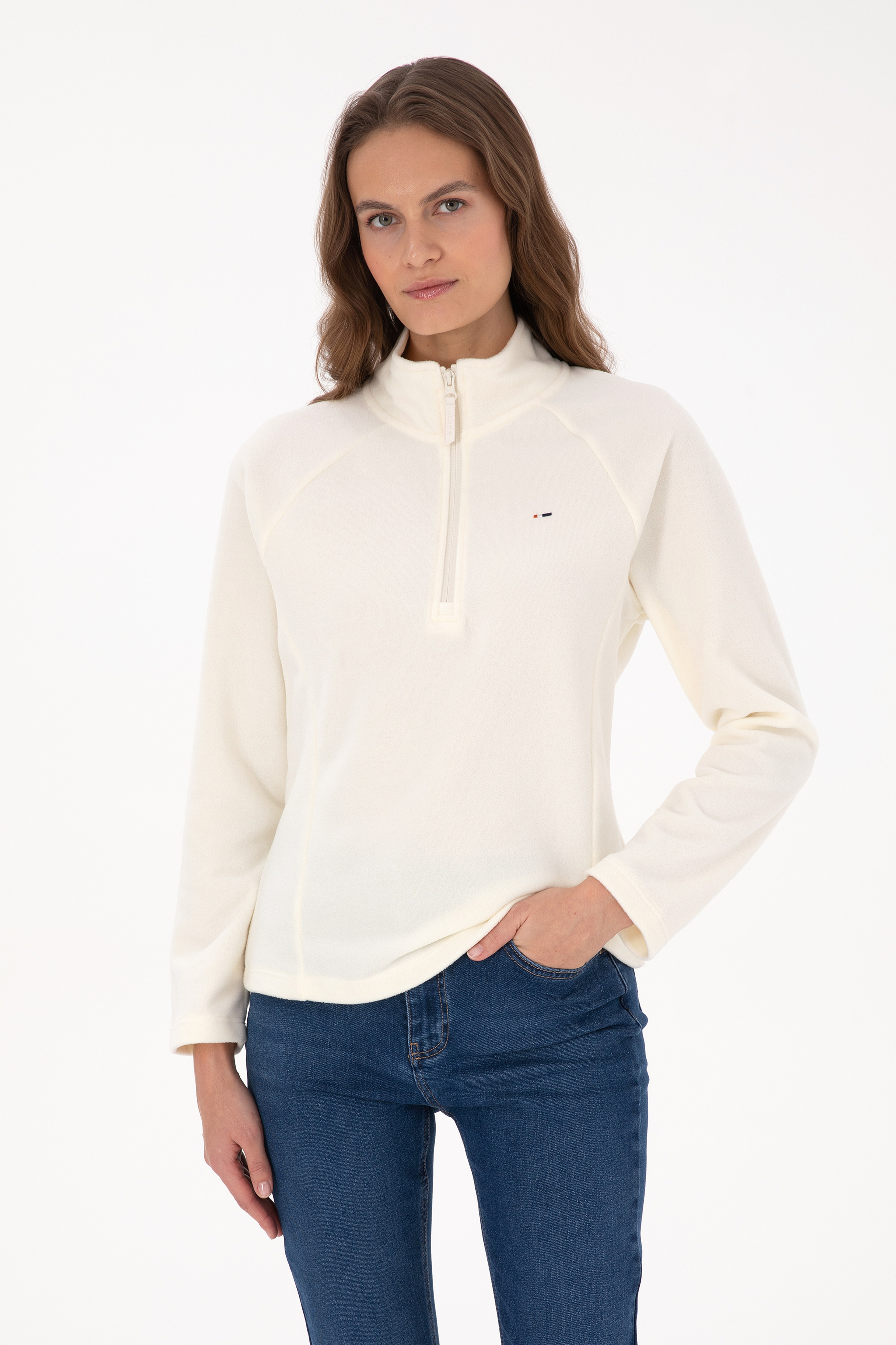 Kadın Krem Fermuarlı Dik Yaka Polar Sweatshirt