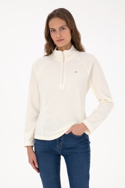 Kadın Krem Fermuarlı Dik Yaka Polar Sweatshirt