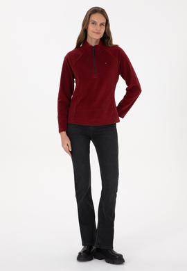 Kadın Bordo Fermuarlı Dik Yaka Polar Sweatshirt - 50316714069