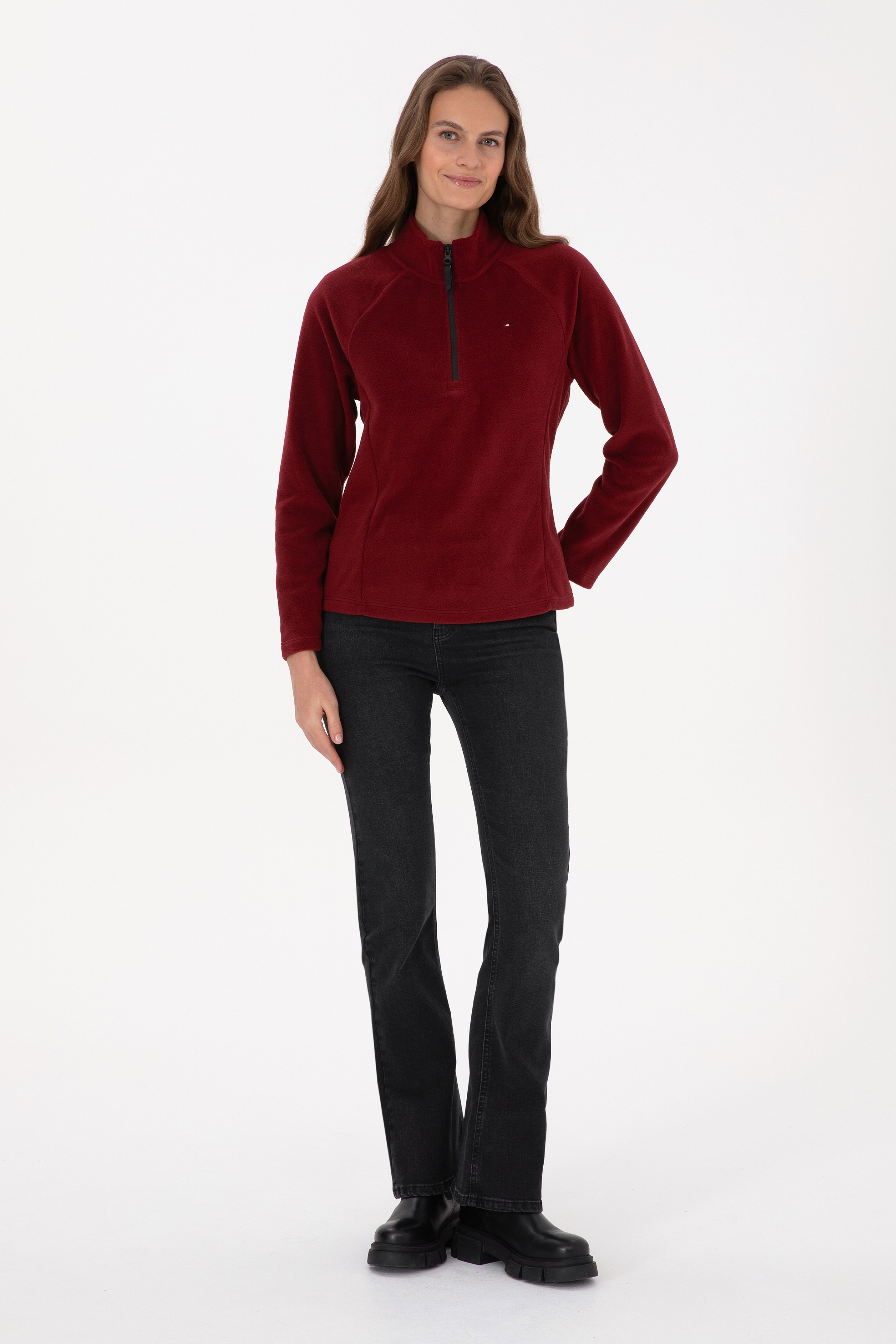 Kadın Bordo Fermuarlı Dik Yaka Polar Sweatshirt