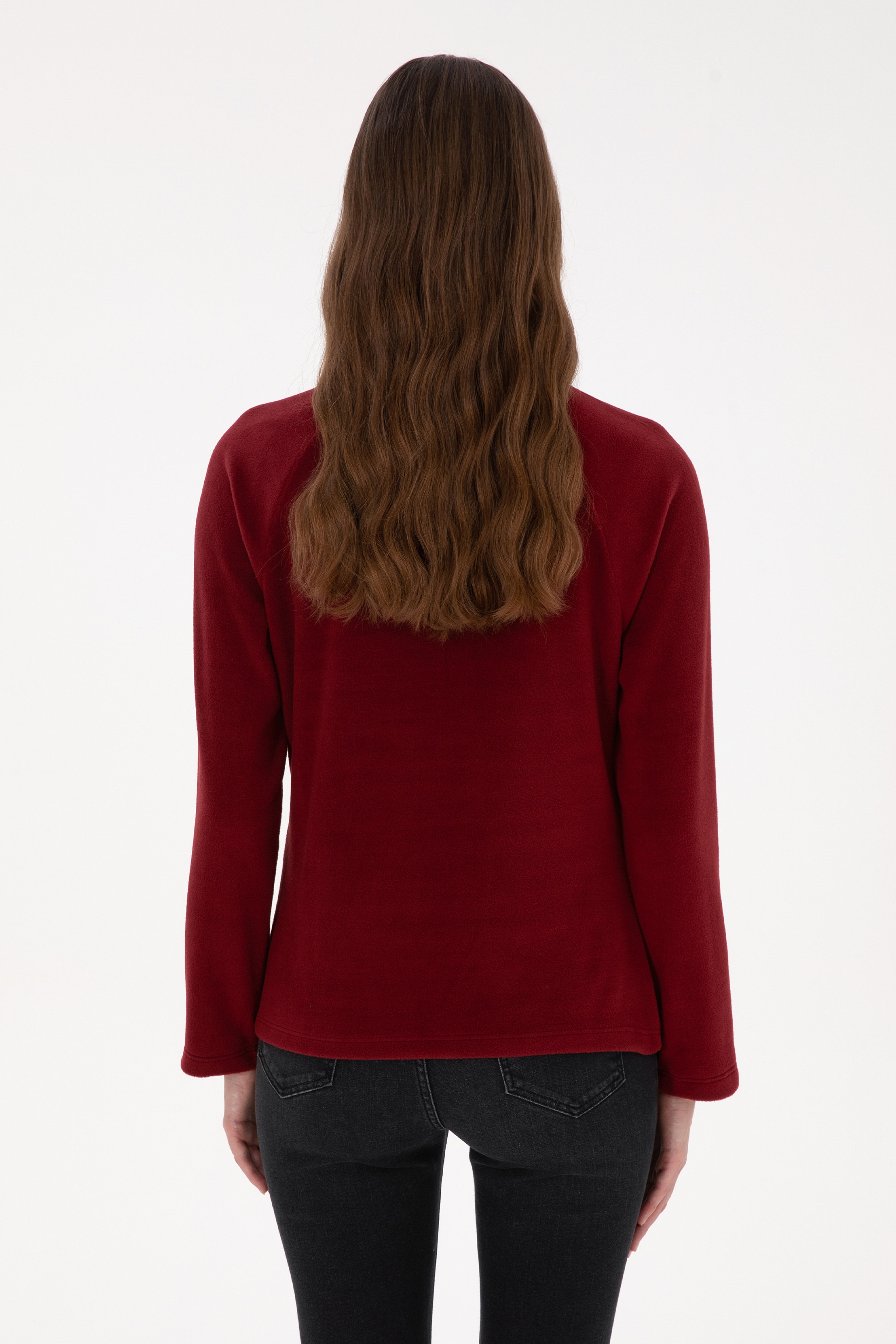 Kadın Bordo Fermuarlı Dik Yaka Polar Sweatshirt