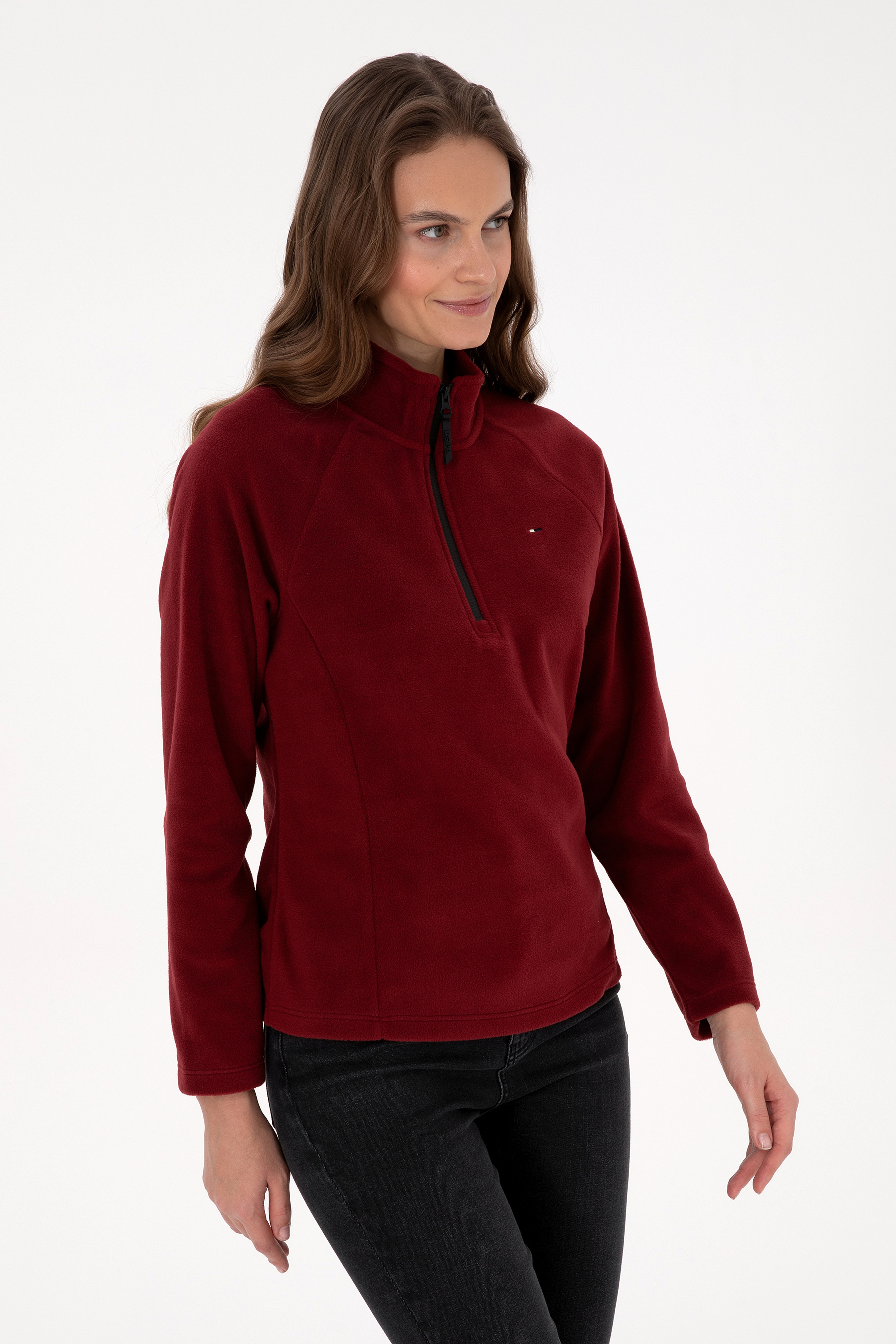Kadın Bordo Fermuarlı Dik Yaka Polar Sweatshirt - Image 3