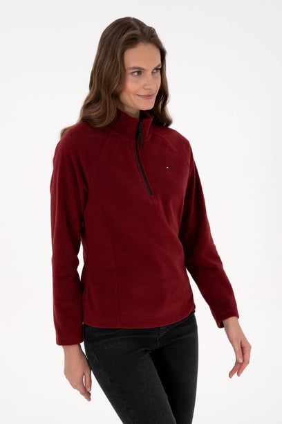 Kadın Bordo Fermuarlı Dik Yaka Polar Sweatshirt