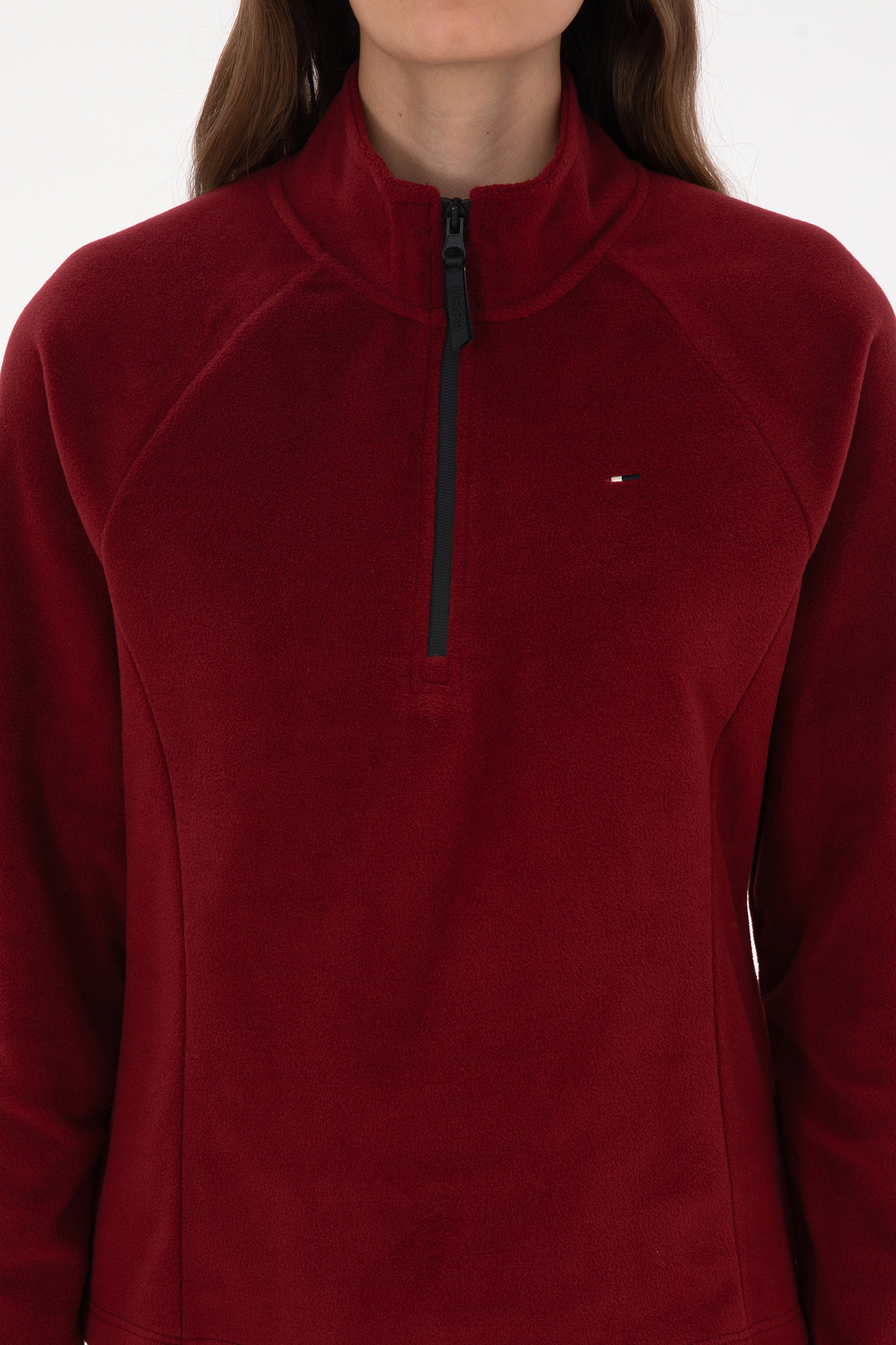 Kadın Bordo Fermuarlı Dik Yaka Polar Sweatshirt