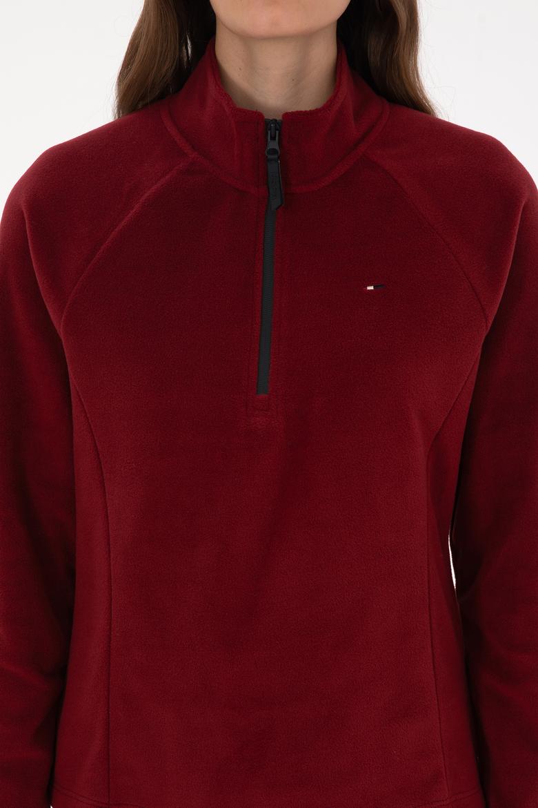 Kadın Bordo Fermuarlı Dik Yaka Polar Sweatshirt - 50316714069