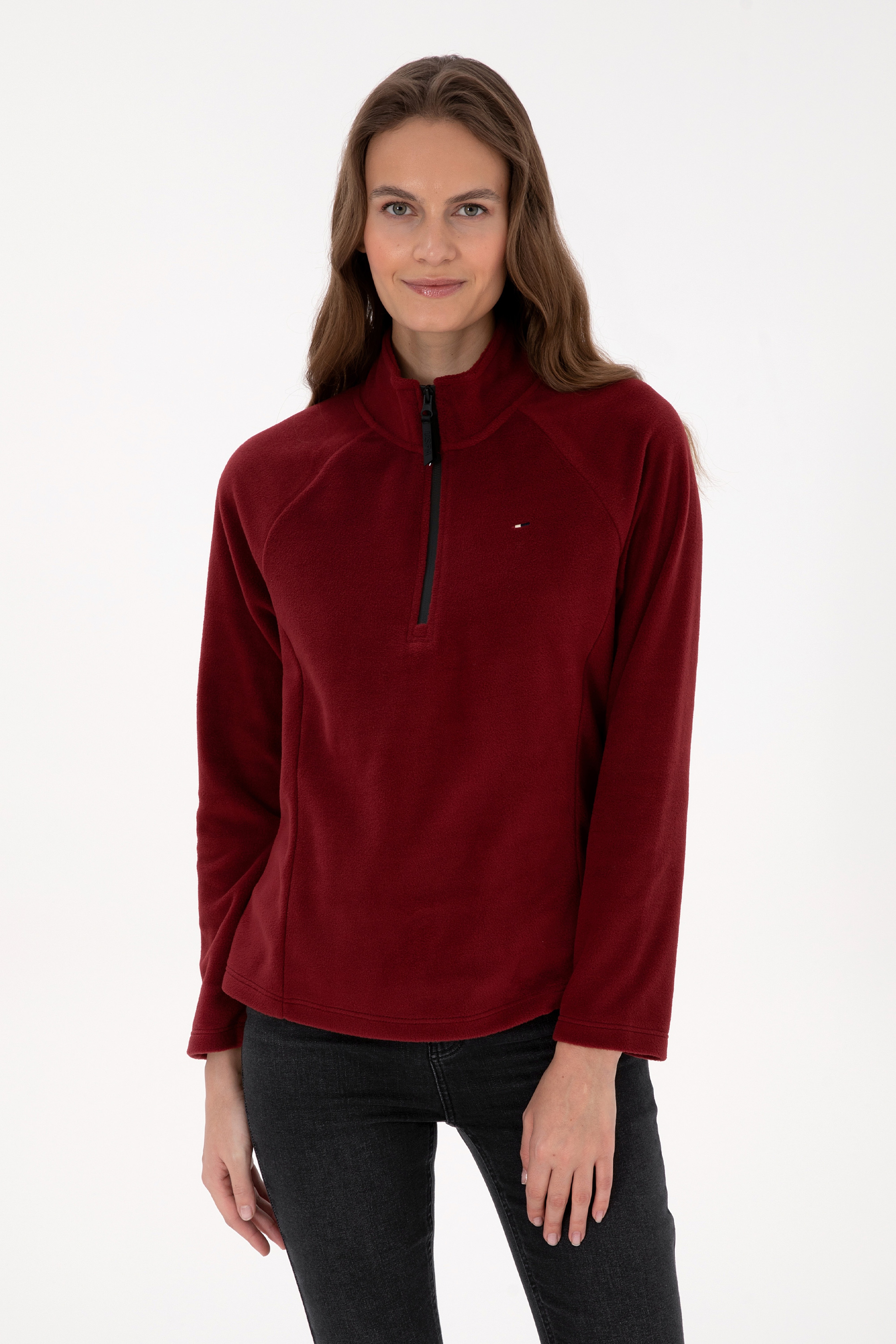 Kadın Bordo Fermuarlı Dik Yaka Polar Sweatshirt - Image 1