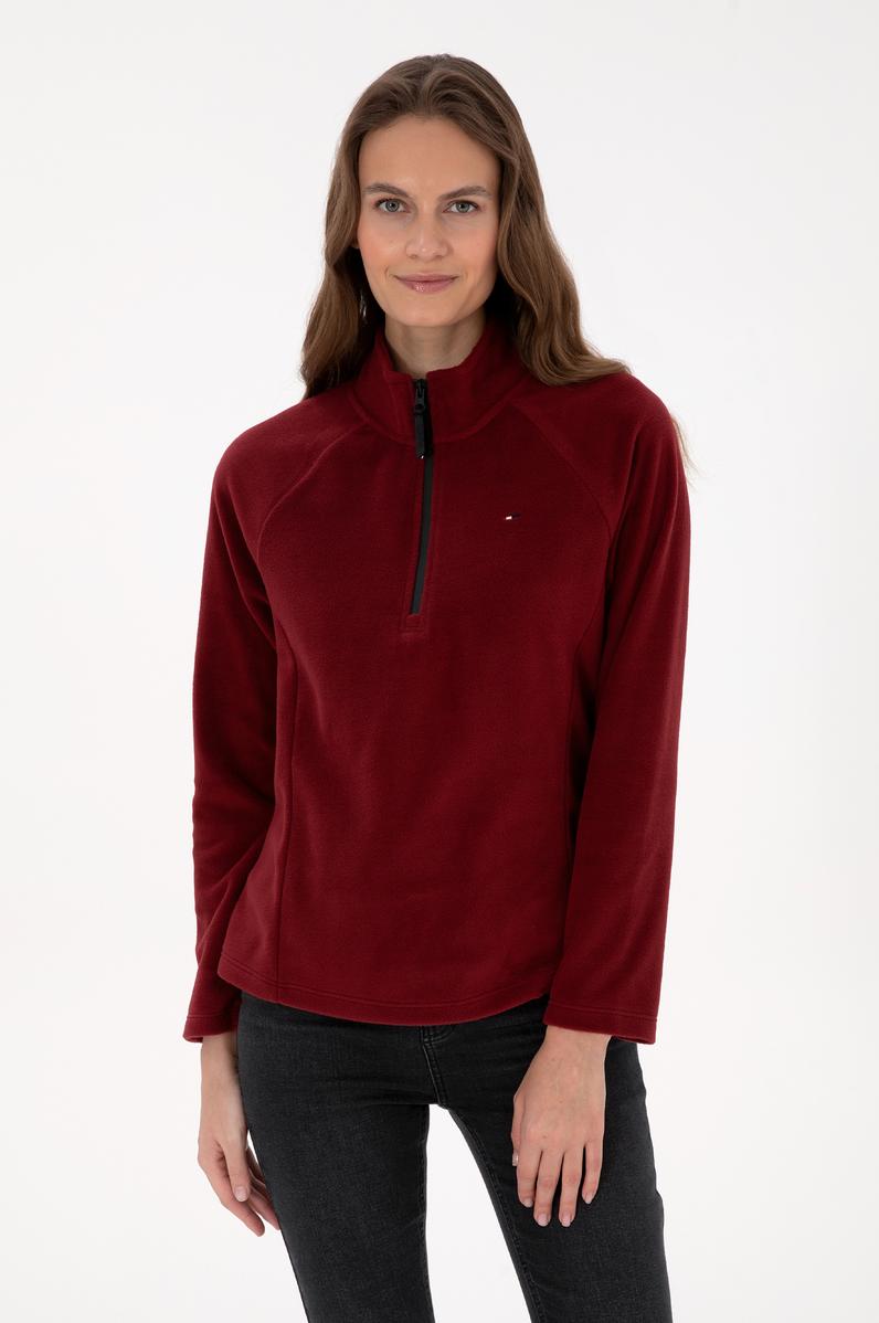 Kadın Bordo Fermuarlı Dik Yaka Polar Sweatshirt