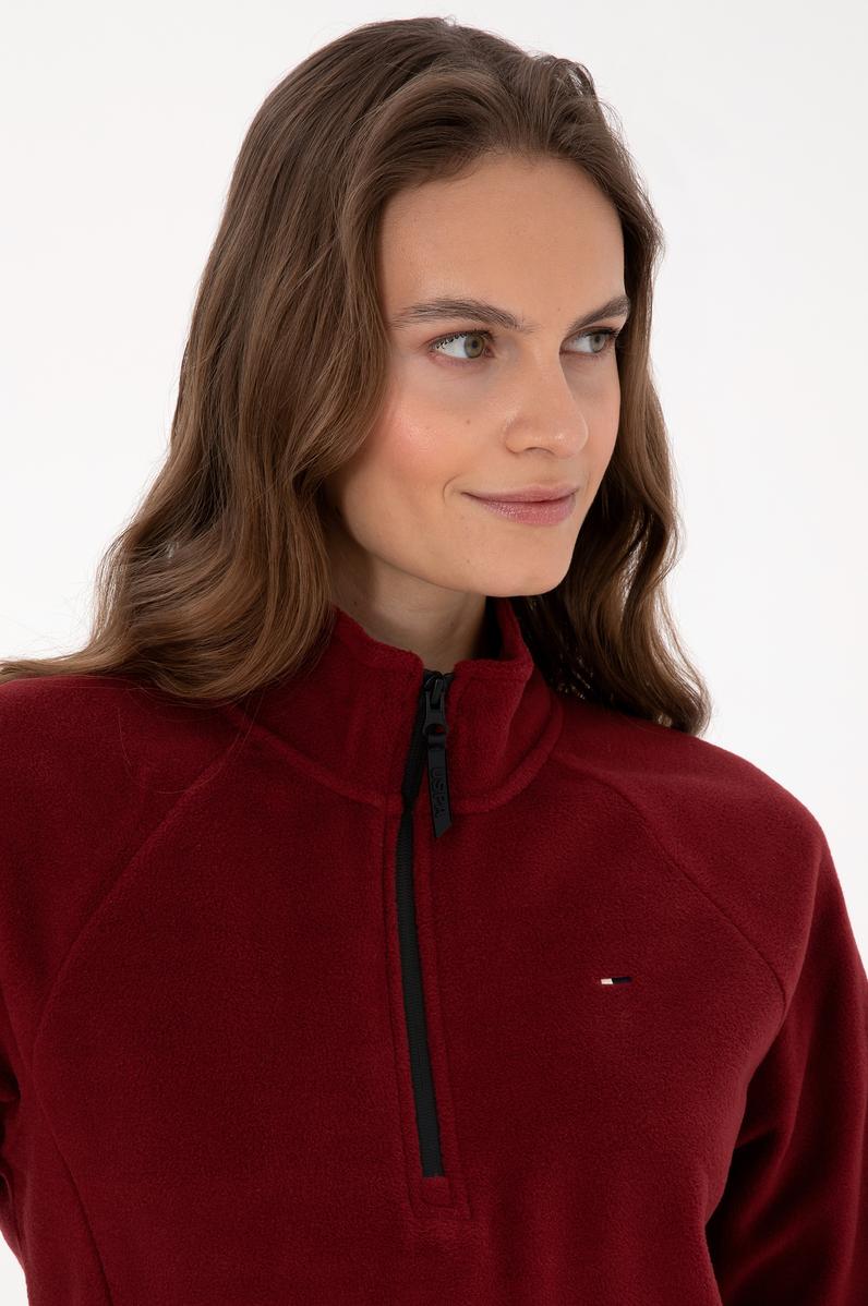 Kadın Bordo Fermuarlı Dik Yaka Polar Sweatshirt