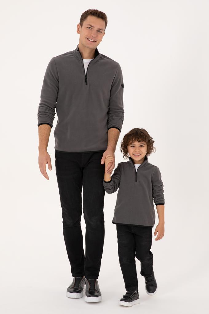 Erkek Regular Fit Gri Polar Yarım Fermuarlı Basic Sweatshirt