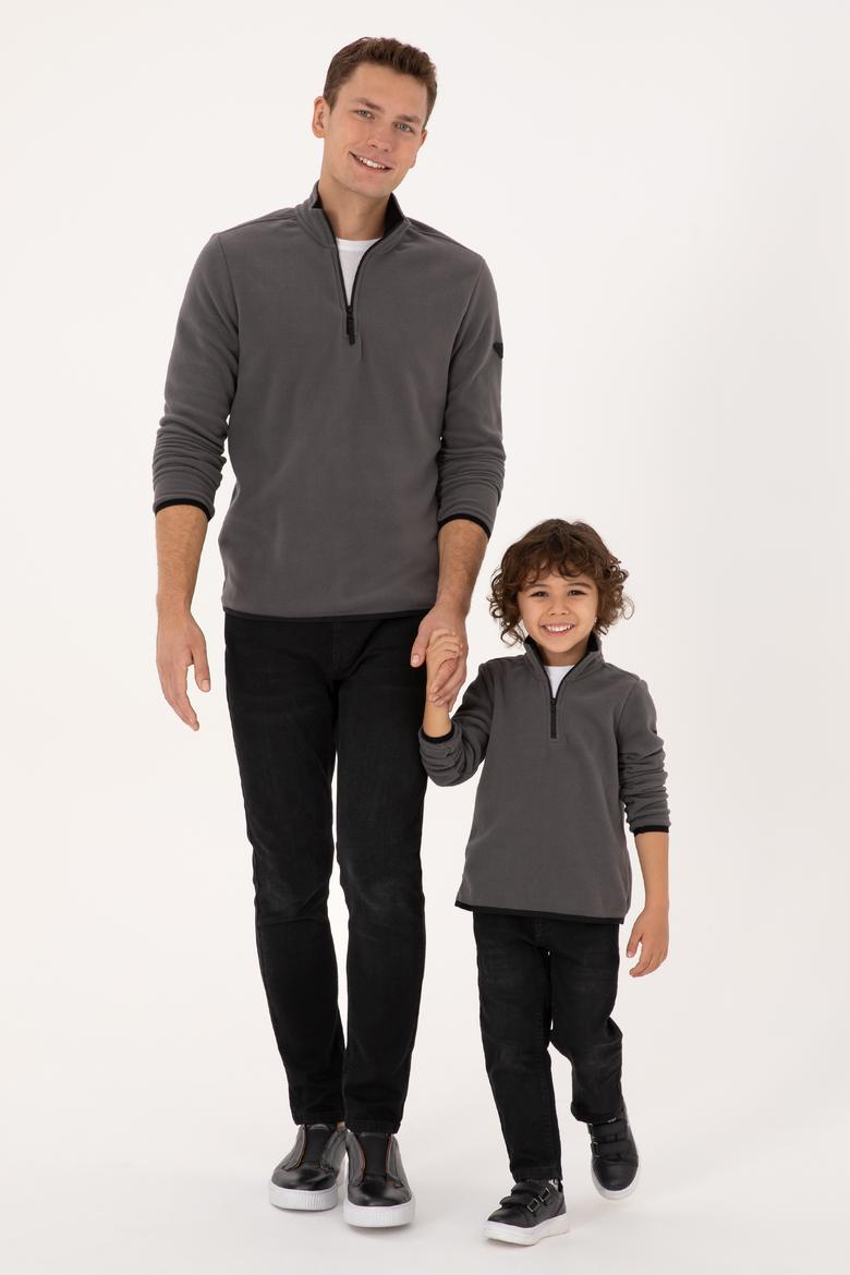 Erkek Regular Fit Gri Polar Yarım Fermuarlı Basic Sweatshirt