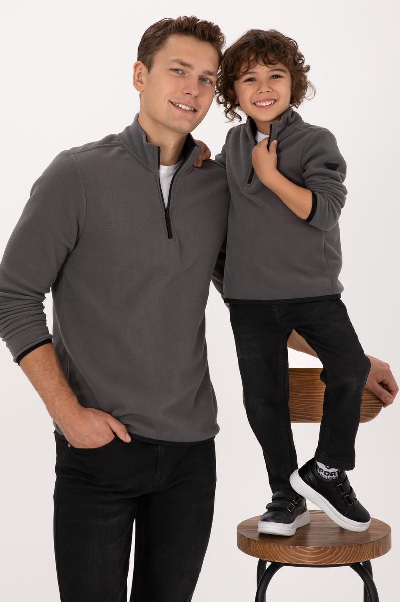 Erkek Regular Fit Gri Polar Yarım Fermuarlı Basic Sweatshirt