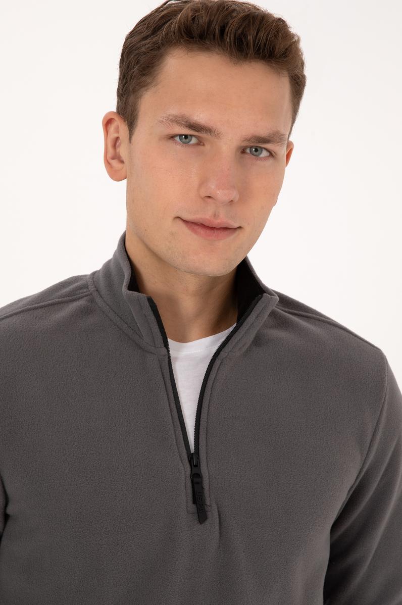 Erkek Regular Fit Gri Polar Yarım Fermuarlı Basic Sweatshirt