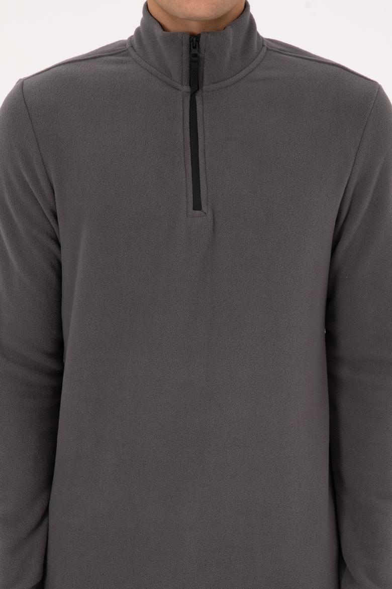 Erkek Regular Fit Gri Polar Yarım Fermuarlı Basic Sweatshirt - 50313777067