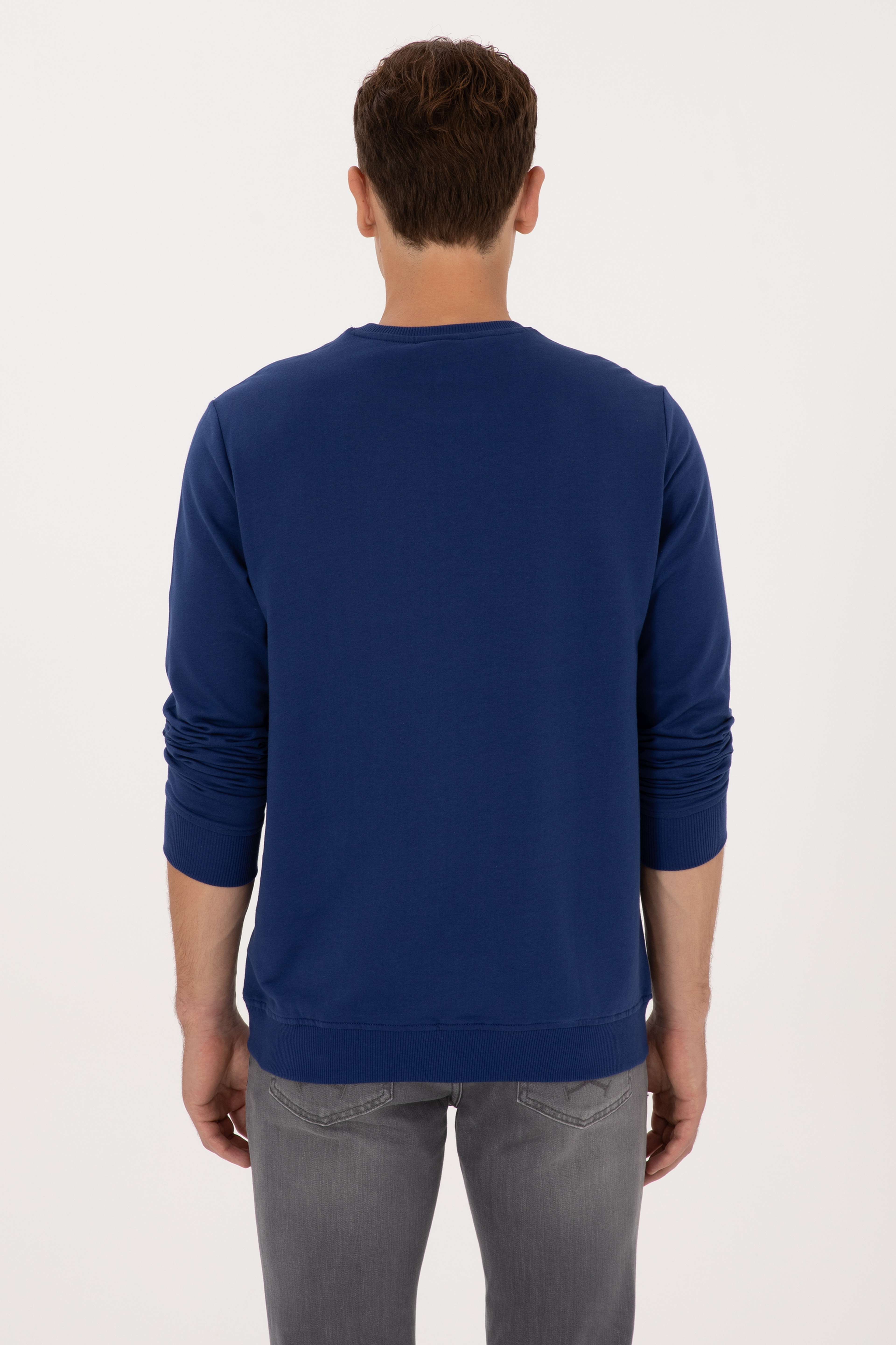Erkek Regular Fit Bisiklet Yaka İndigo İnce Basic Sweatshirt