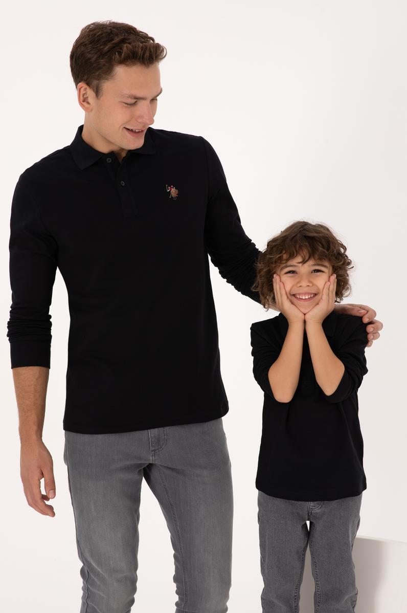 Erkek Regular Fit Polo Yaka Siyah Basic Sweatshirt