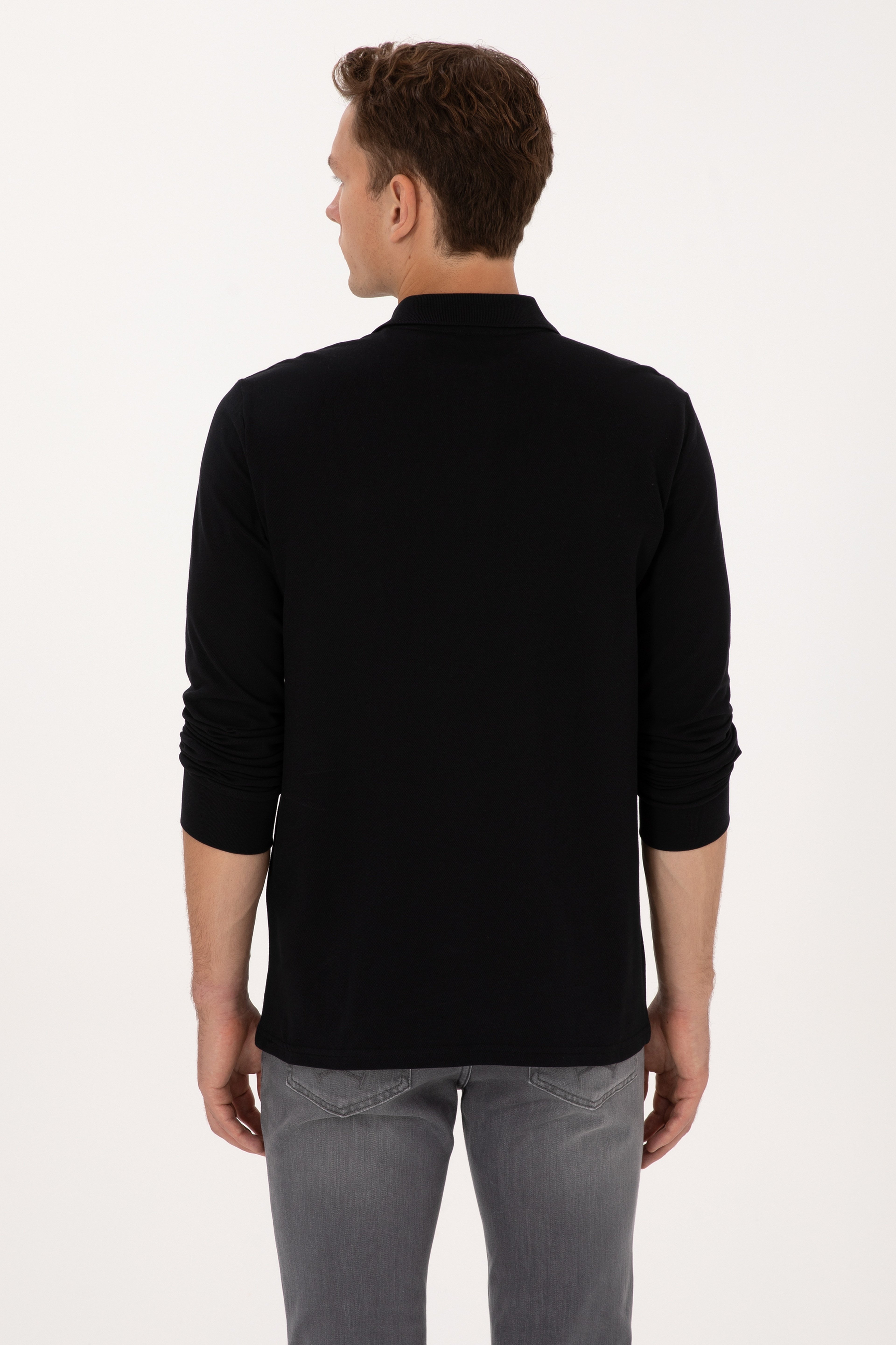 Erkek Regular Fit Polo Yaka Siyah Basic Sweatshirt