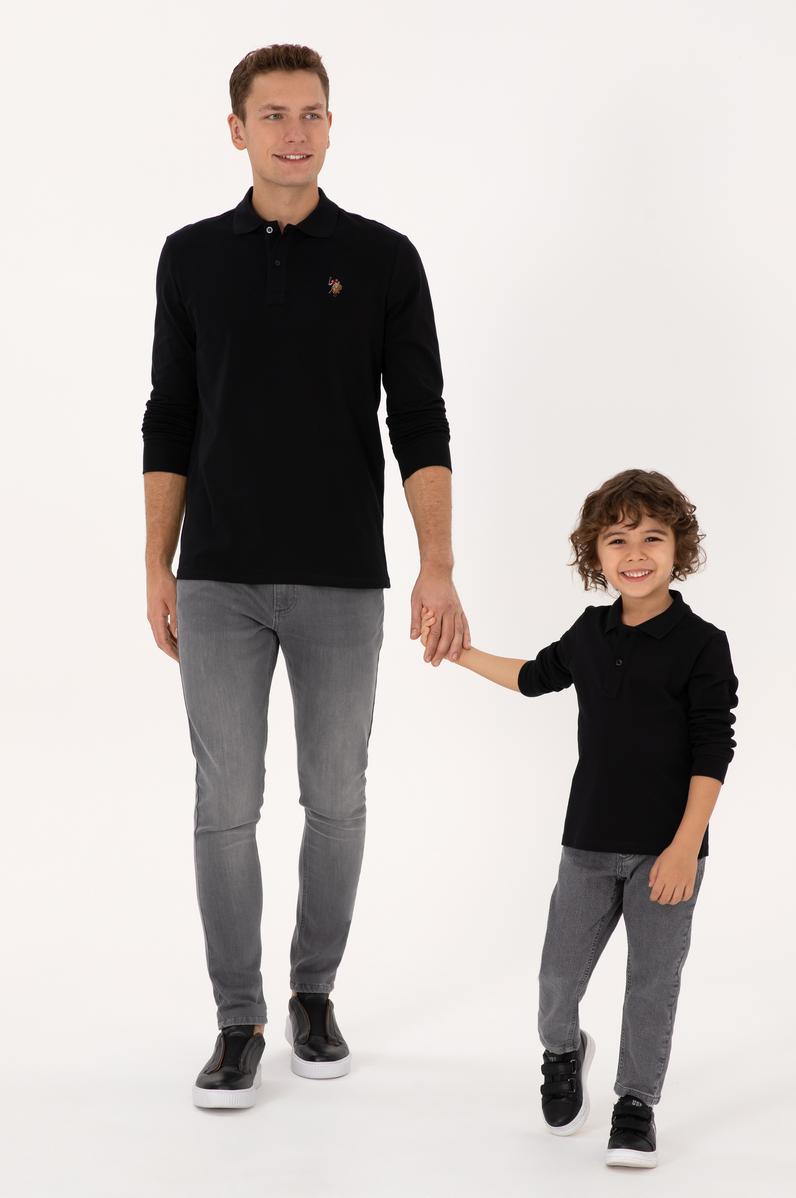 Erkek Regular Fit Polo Yaka Siyah Basic Sweatshirt