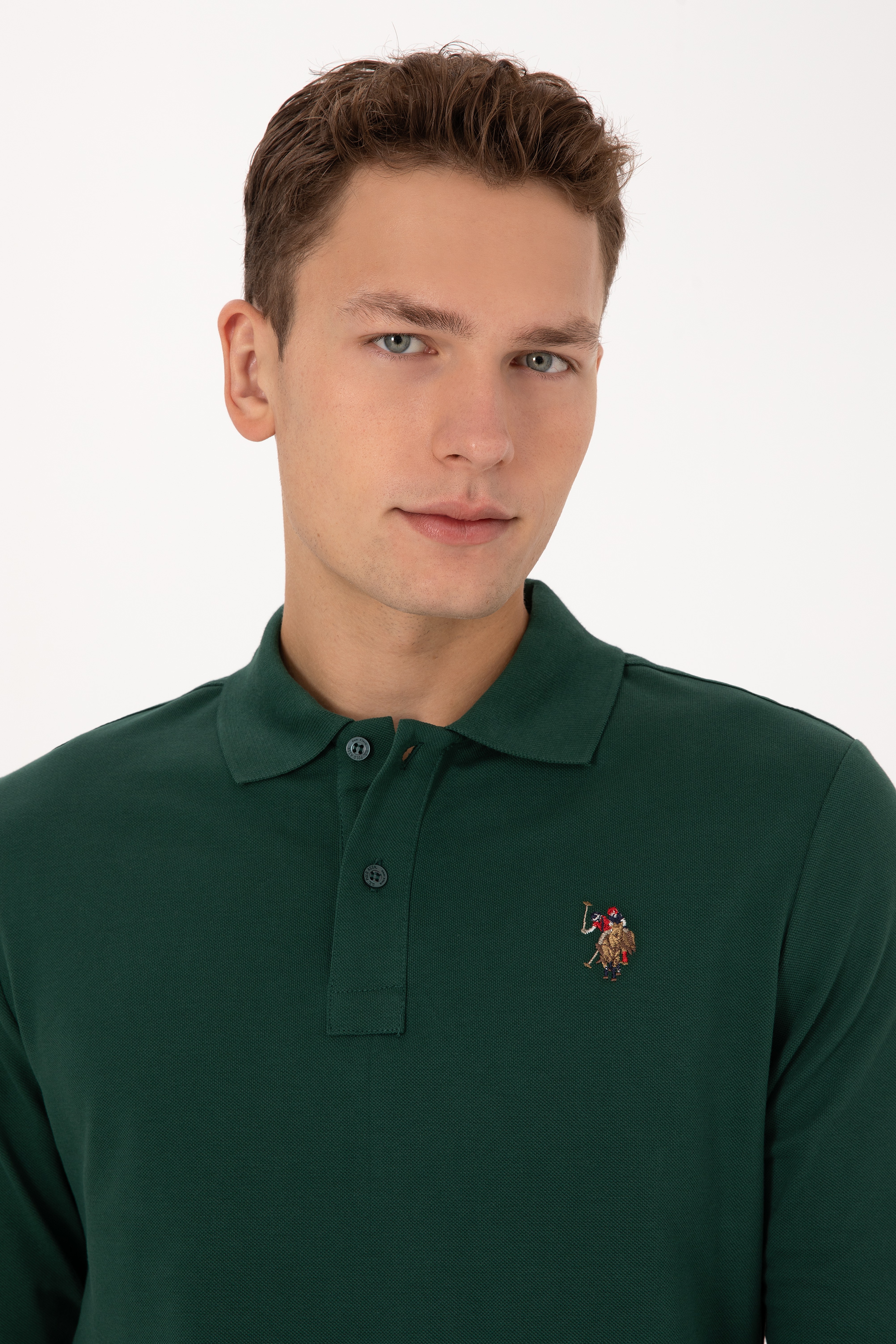 Erkek Regular Fit Polo Yaka Koyu Yeşil Basic Sweatshirt