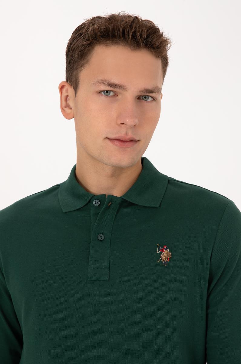 Erkek Regular Fit Polo Yaka Koyu Yeşil Basic Sweatshirt